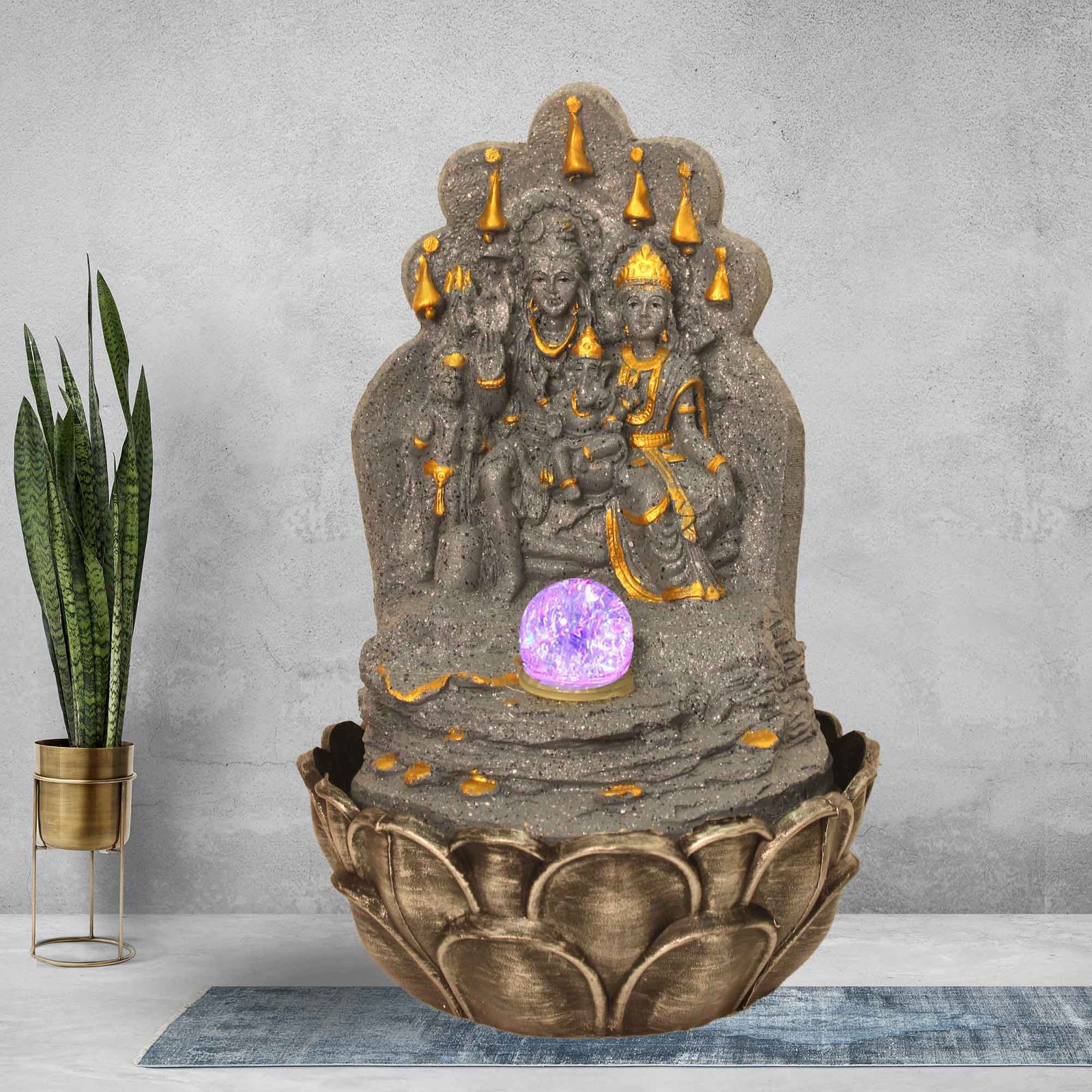 Handicraft Shiv Parivar artificial waterfall indoor Fountain With Led Light & Crystal Ball - sandstone Finish 42 cm G57GX0507FGDMX
