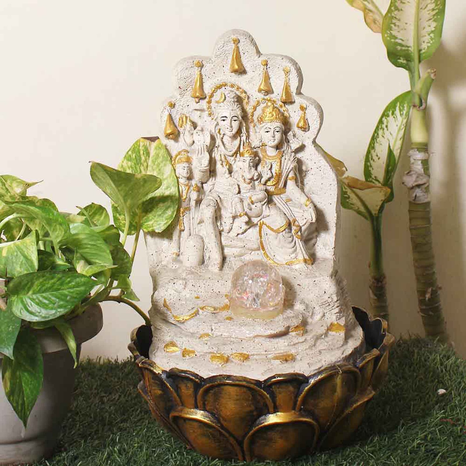 Handicraft Shiv Parivar artificial fountain Waterfall With Led Light & Crystal Ball - sandstone Finish 42 cm G57GX0507IGDMX