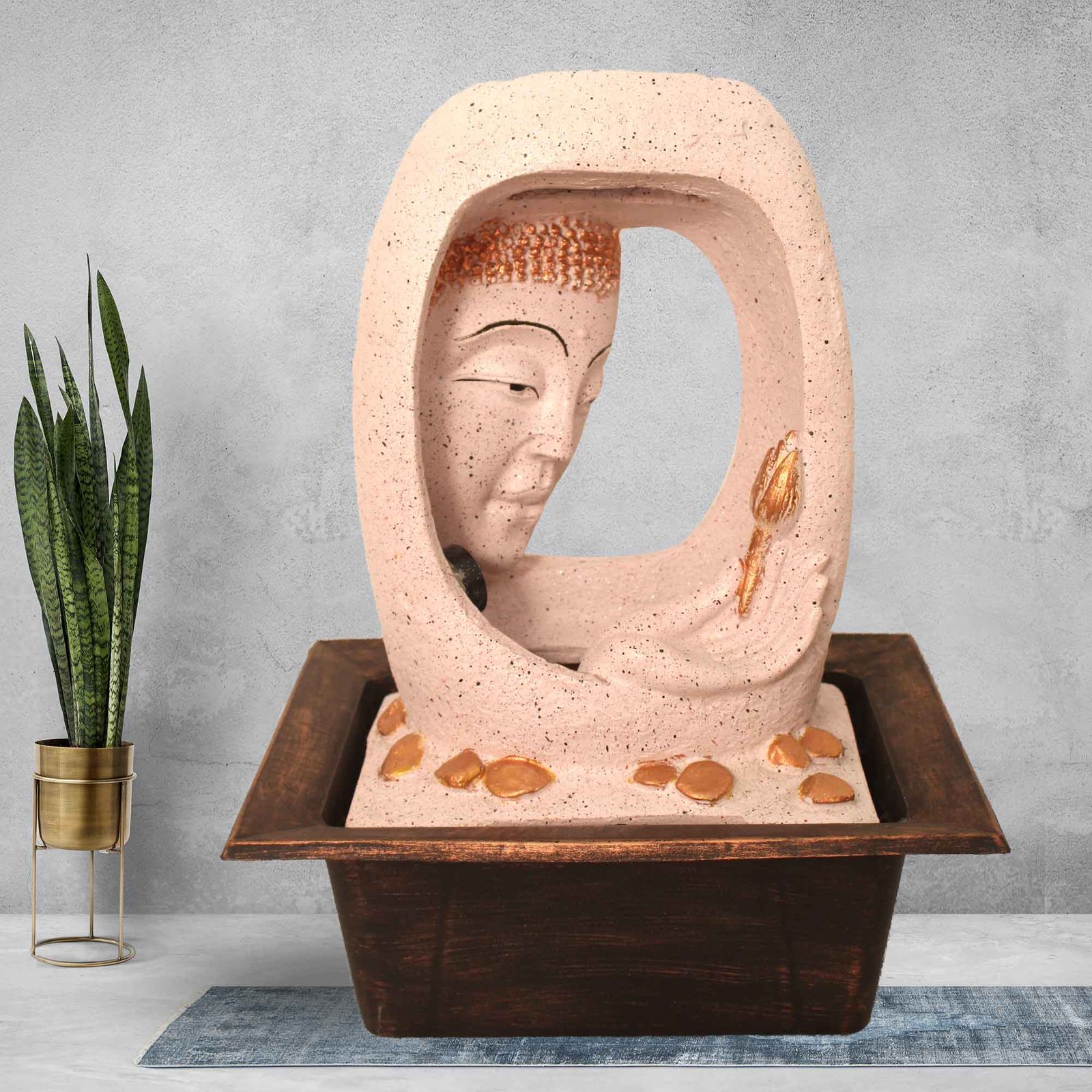 Modern Art Buddha Face water fountain for garden small size With Led Light - sandstone Finish 41 cm G57GX0509PCDMX