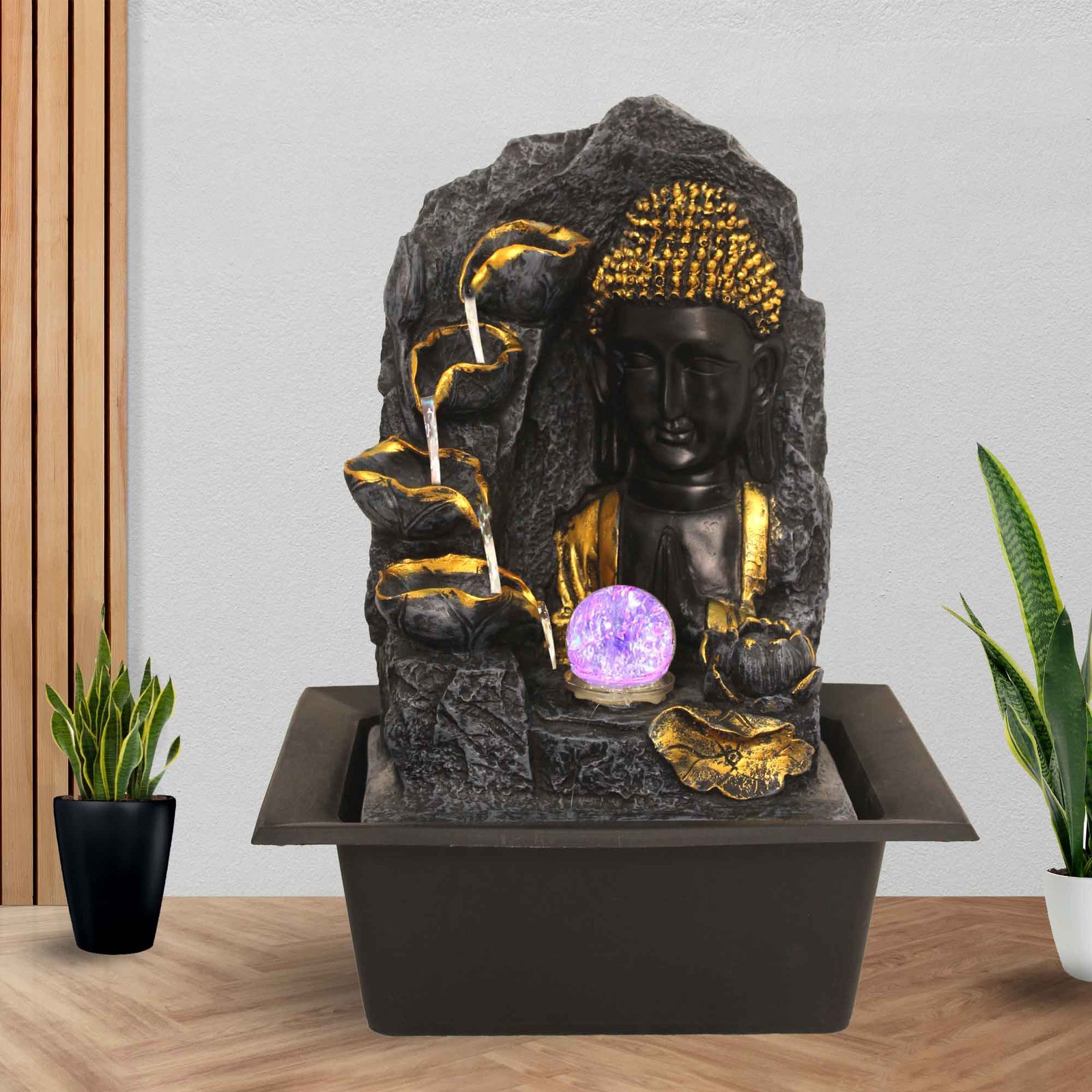 Decorative Bust Buddha waterfall tabletop fountain With Led Light & Crystal Ball - Metalic Antique Finish 42 cm G57GX0510FGAMX