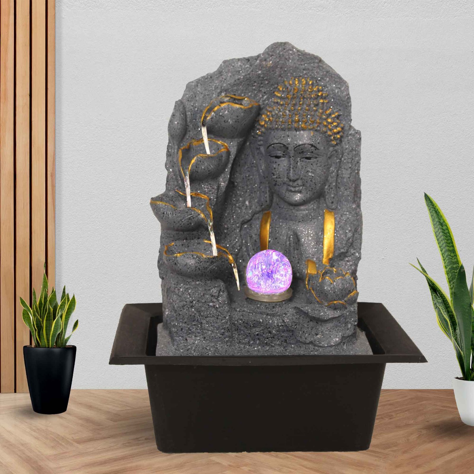 Decorative Bust Buddha waterfall showpiece for home With Led Light & Crystal Ball - sandstone Finish 42 cm G57GX0510FGDMX
