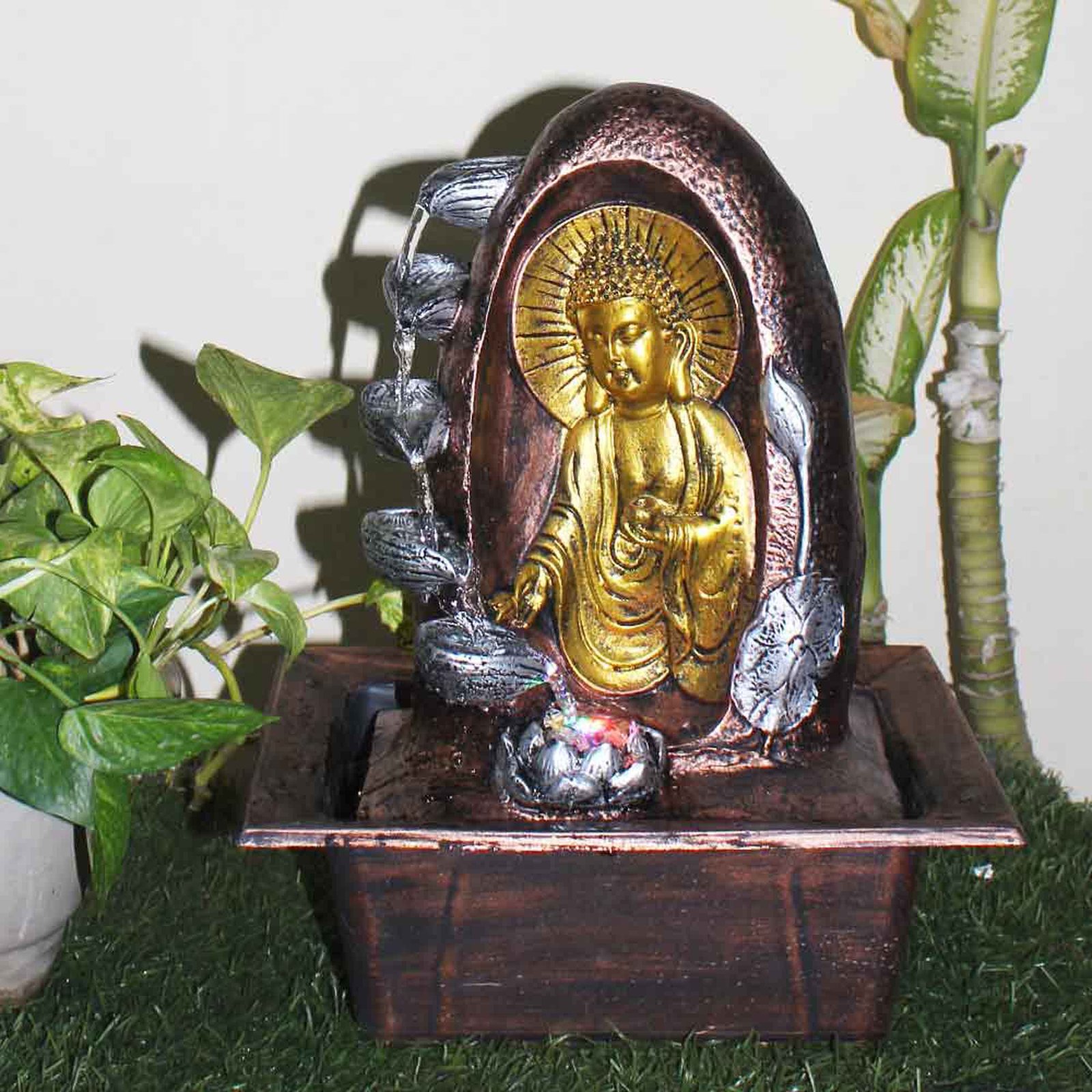 Dhyan Buddha desktop fountain With Led Light - Metalic Antique Finish 41 cm G57GX0512MGAMX