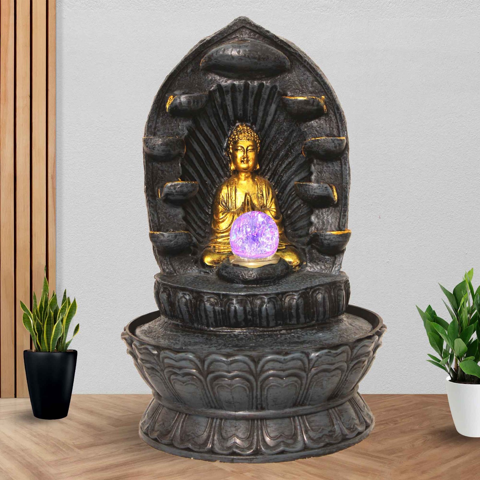 Namaskar Buddha decorative fountain waterfall With Led Light & Crystal Ball - Metalic Antique Finish 43 cm G57GX0522FGAMX