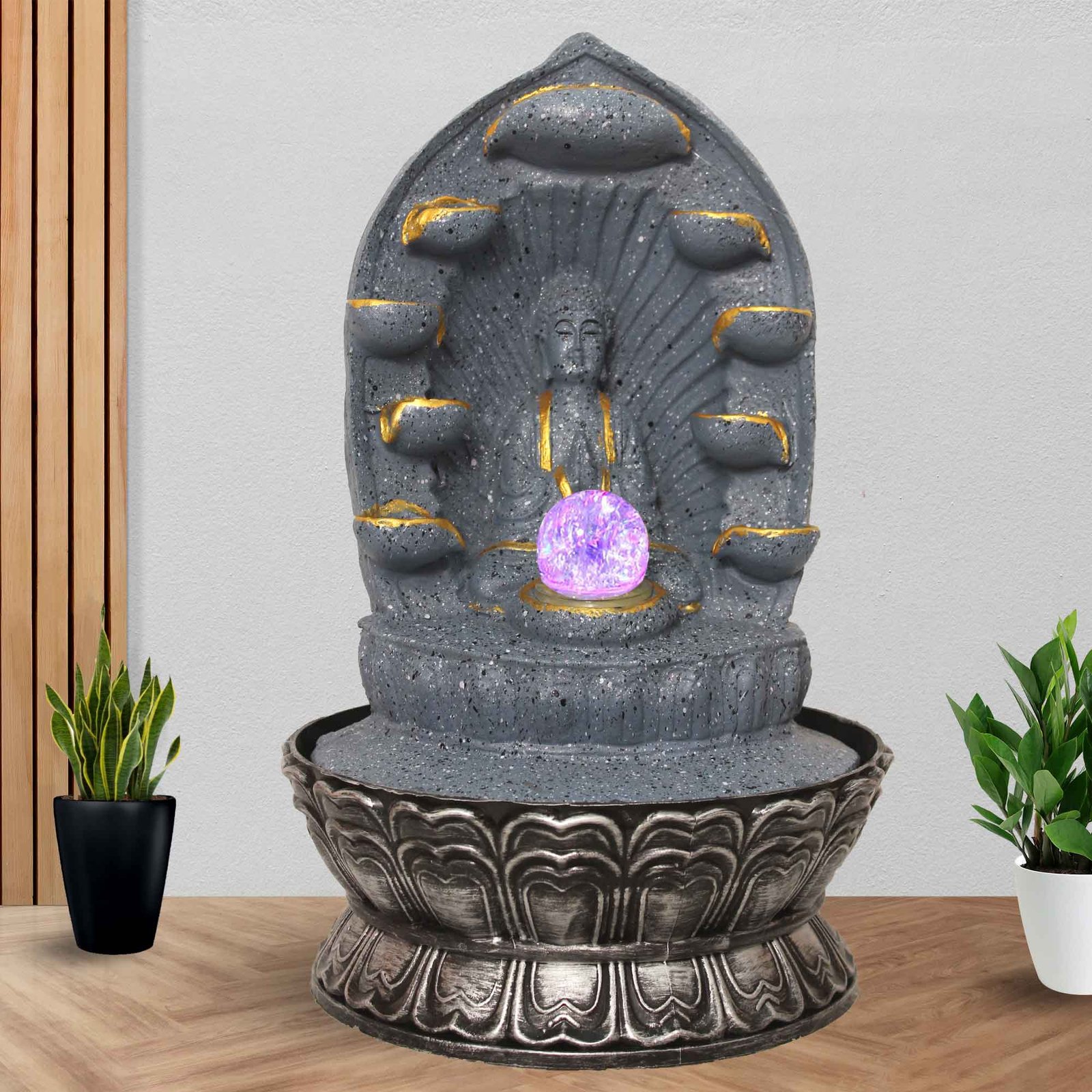 Namaskar Buddha corner water fountain for home decor With Led Light & Crystal Ball - sandstone Finish 43 cm G57GX0522FGDMX