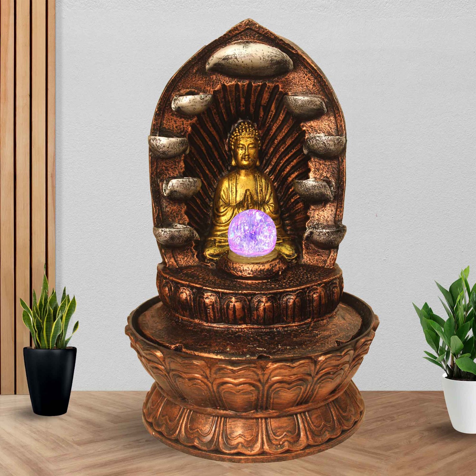 Namaskar Buddha decorative fountain indoor Waterfall With Led Light & Crystal Ball - Metalic Antique Finish 43 cm G57GX0522MGAMX
