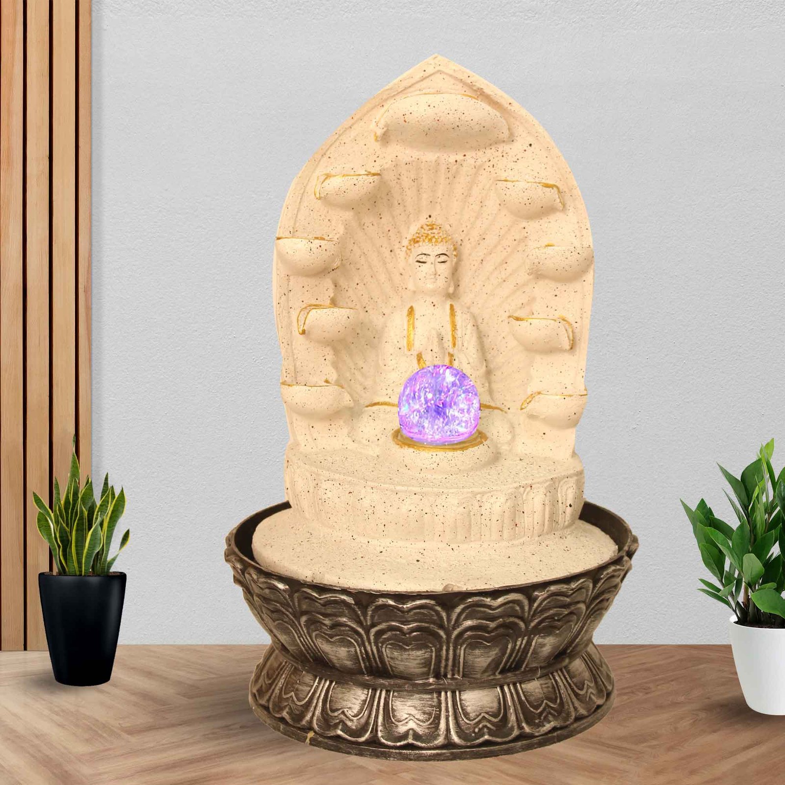 Namaskar Buddha calming water fountain With Led Light & Crystal Ball - sandstone Finish 43 cm G57GX0522WGDMX