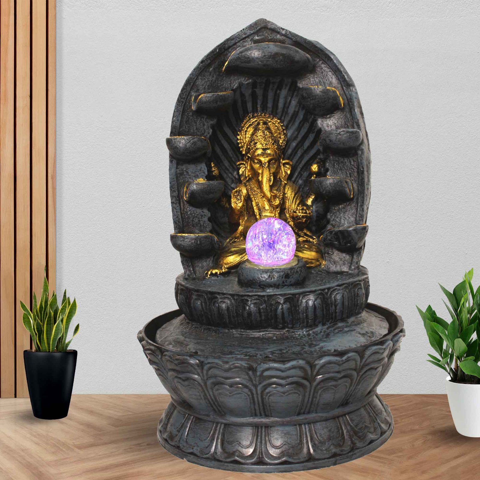 Decorative Diya Ganesh desktop waterfall Fountain Showpiece With Led Light & Crystal Ball - Metalic Antique Finish 43 cm G57GX0525FGAMX