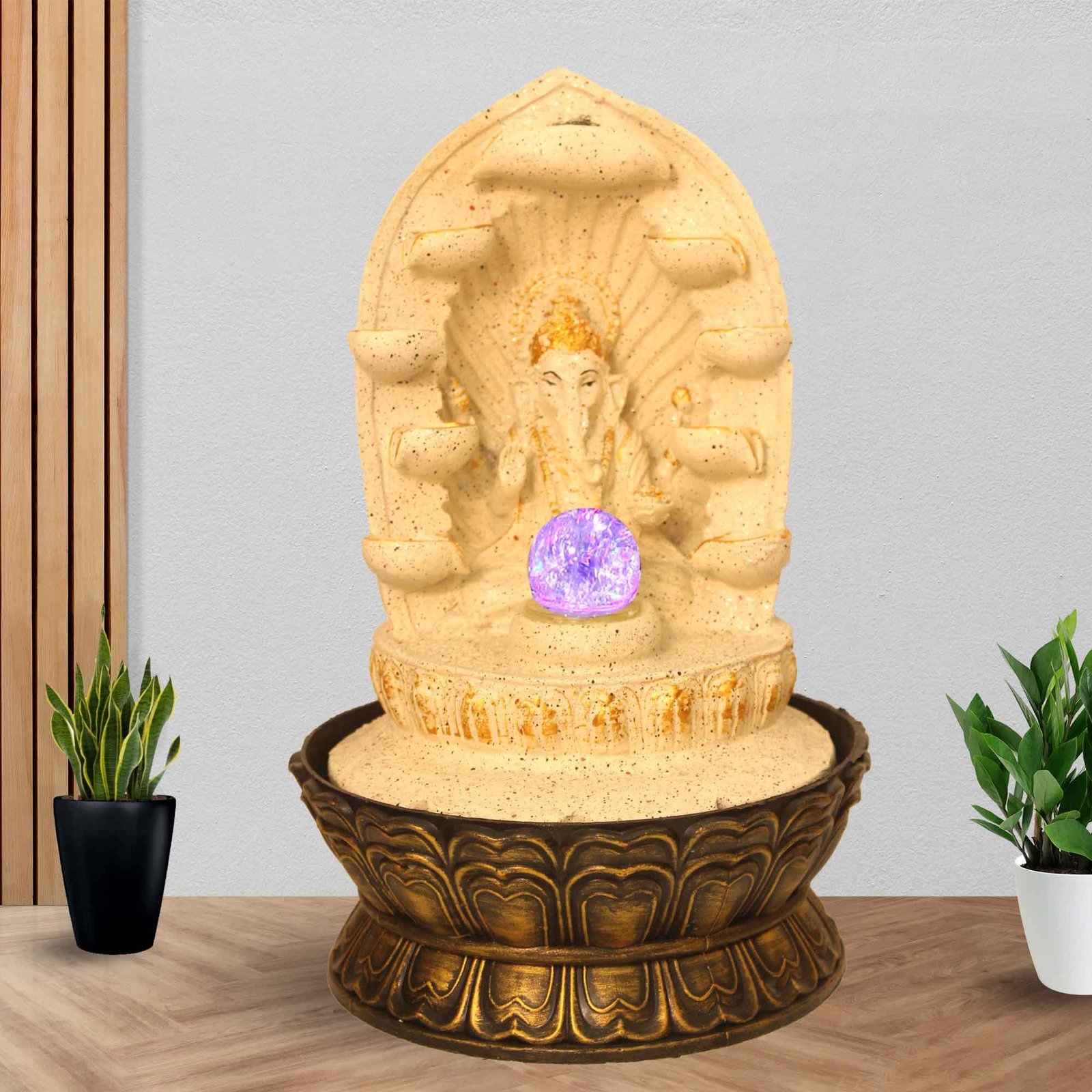 Decorative Diya Ganesh desktop fountain Waterfall With Led Light & Crystal Ball - sandstone Finish 43 cm G57GX0525IGDMX