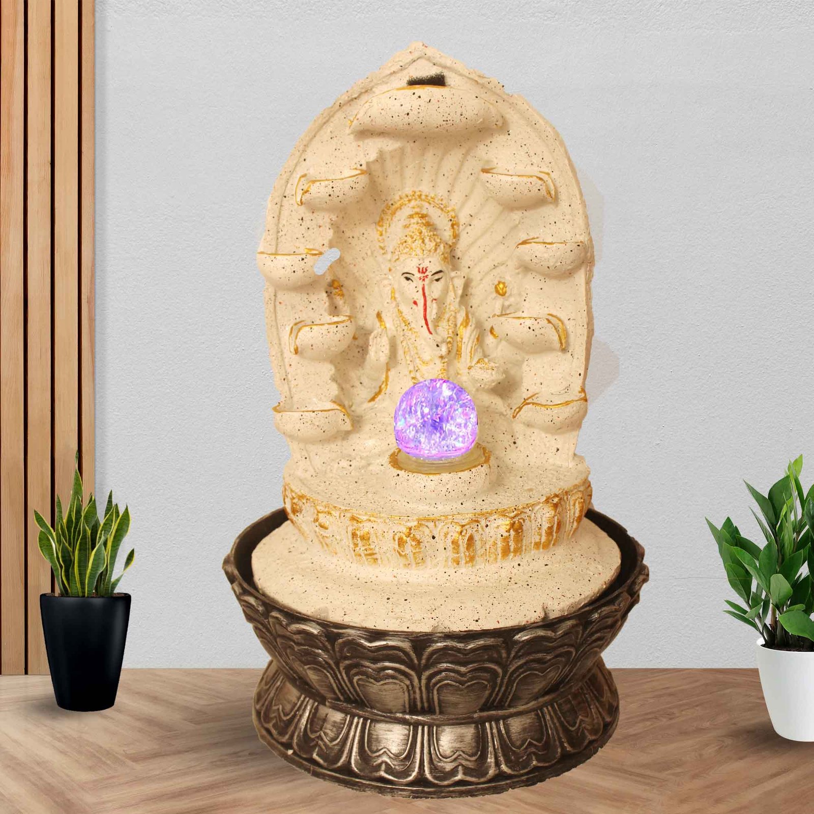 Decorative Diya Ganesh decorative water fountain With Led Light & Crystal Ball - sandstone Finish 43 cm G57GX0525WGDMX