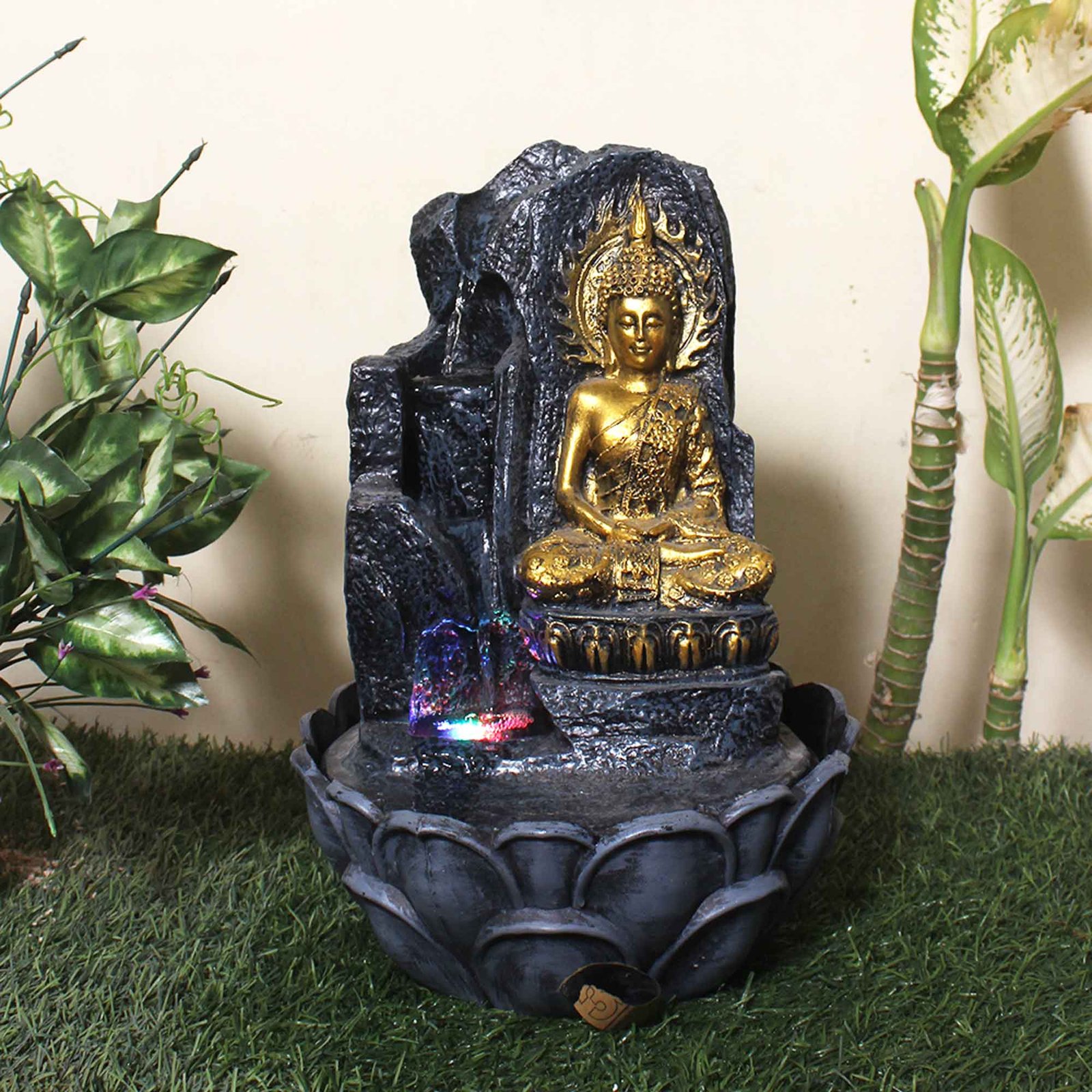 Handicraft Buddha fountain for home indoor With Led Light - Metalic Antique Finish 38 cm G57GX0526FGAMX