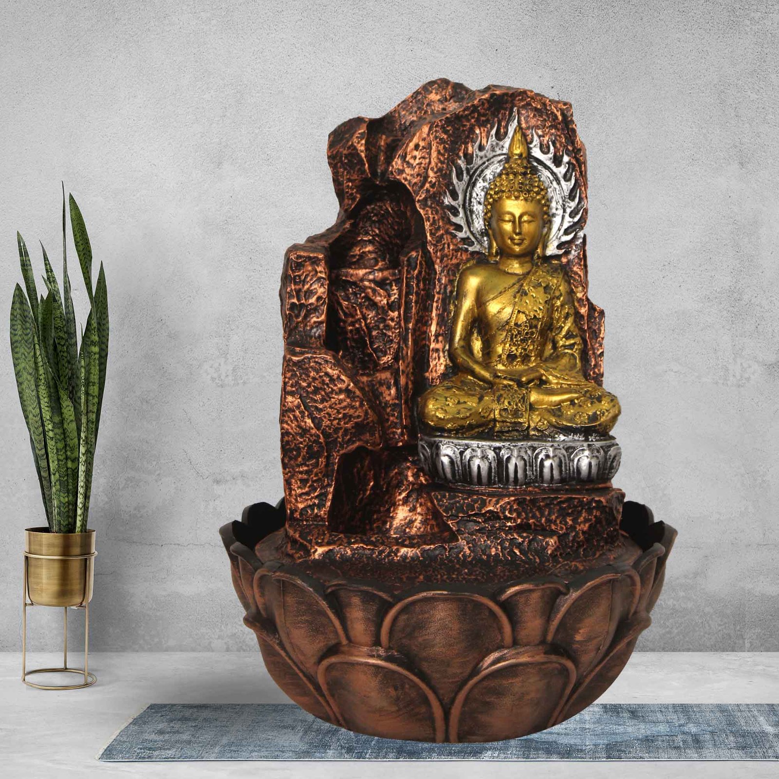 Handicraft Buddha fountain for living room With Led Light - Metalic Antique Finish 38 cm G57GX0526MGAMX