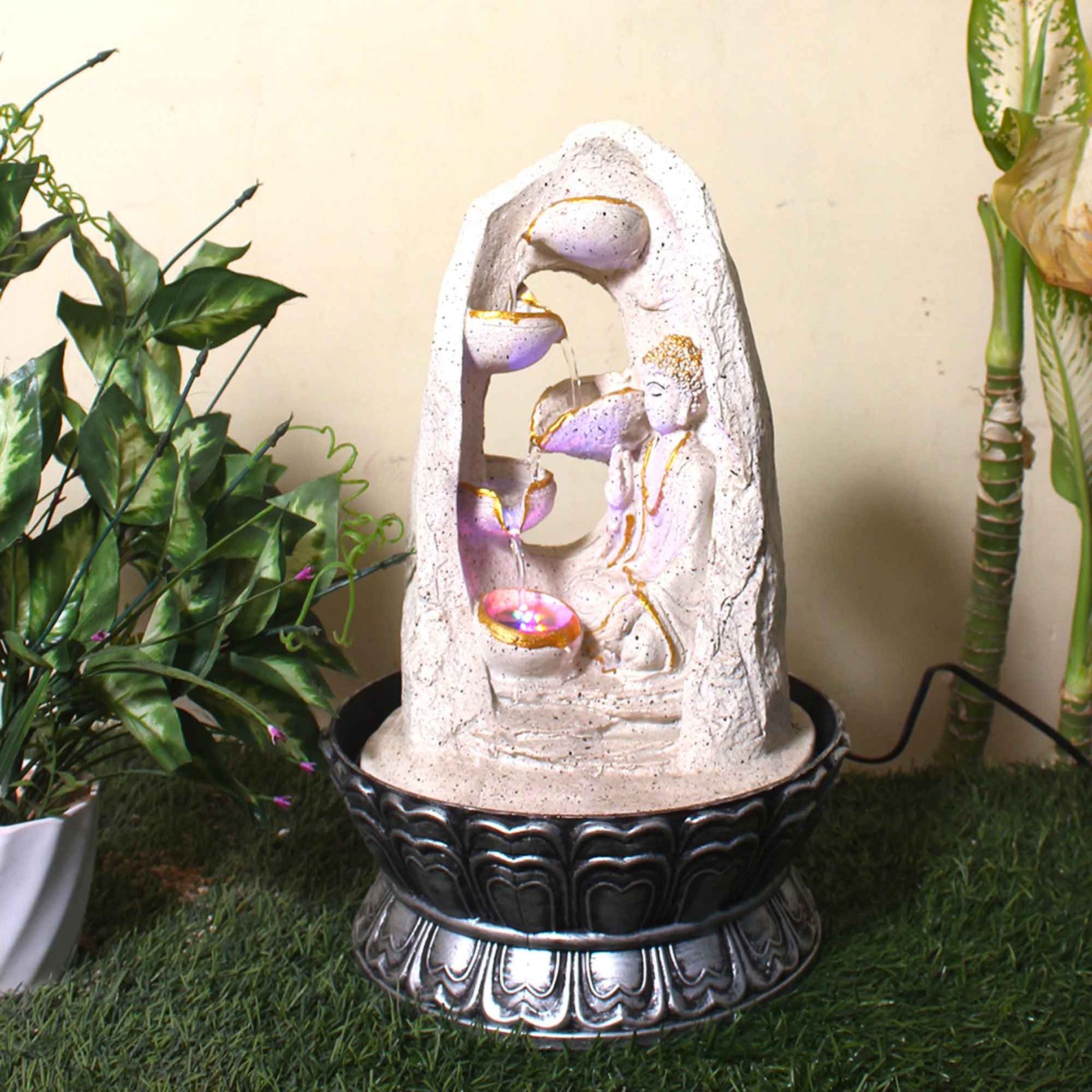 Lord Gautam Buddha fountain for terrace garden With Led Light - sandstone Finish 41 cm G57GX0528WGDMX