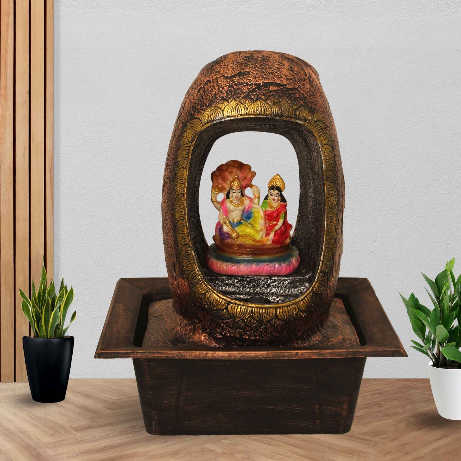 Lord Vishnu Laxmi small size water fountain for home With Led Light - Metalic Antique Finish 41 cm G57GX0529MGAMX-67X0040M