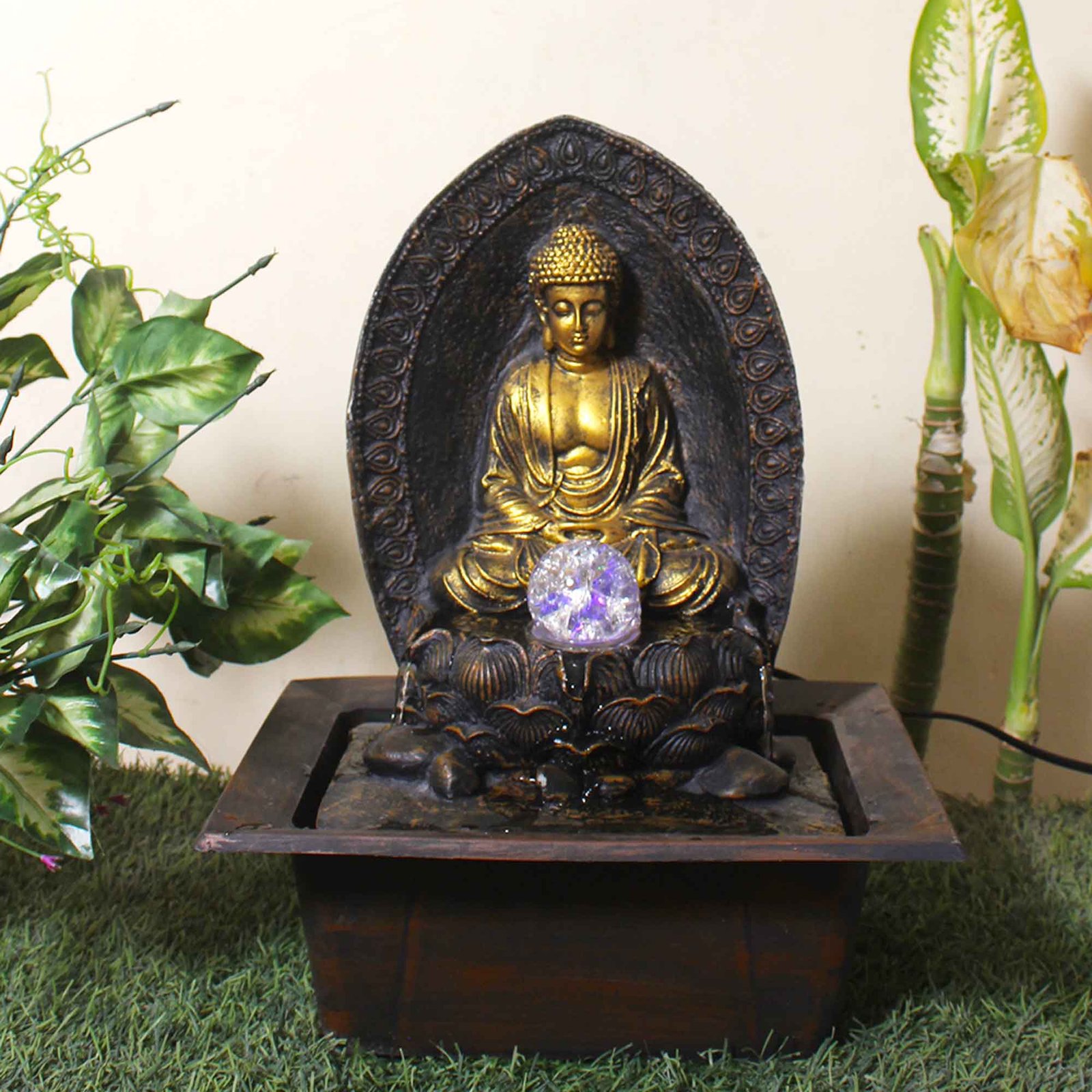 Ancient Buddha small water fountain for garden With Led Light & Crystal Ball - Metalic Antique Finish 41 cm G57GX0530AGAMX