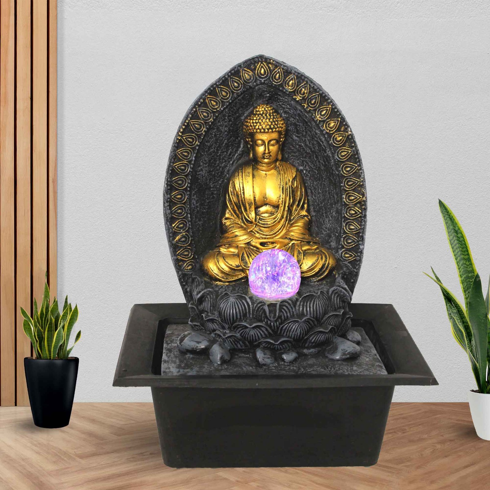Ancient Buddha small water fountain for home With Led Light & Crystal Ball - Metalic Antique Finish 41 cm G57GX0530FGAMX