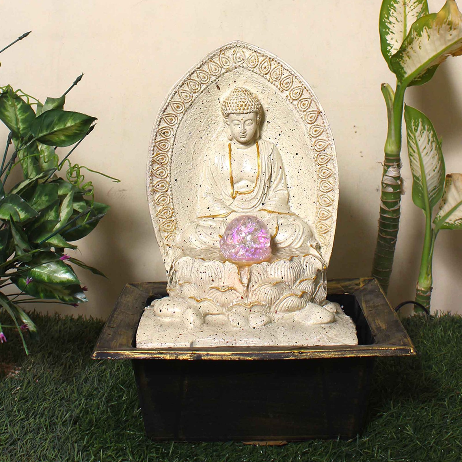 Ancient Buddha small water fountain With Led Light & Crystal Ball - sandstone Finish 41 cm G57GX0530IGDMX