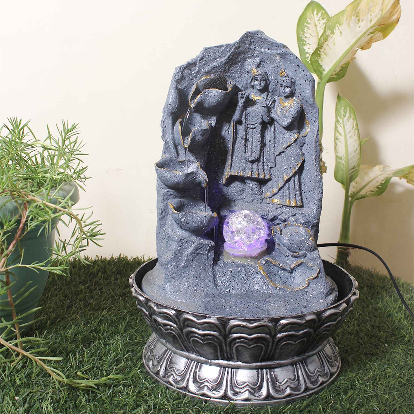 Handicraft Radha Krishna tabletop fountain With Led Light & Crystal Ball - sandstone Finish 42 cm G57GX0536FGDMX
