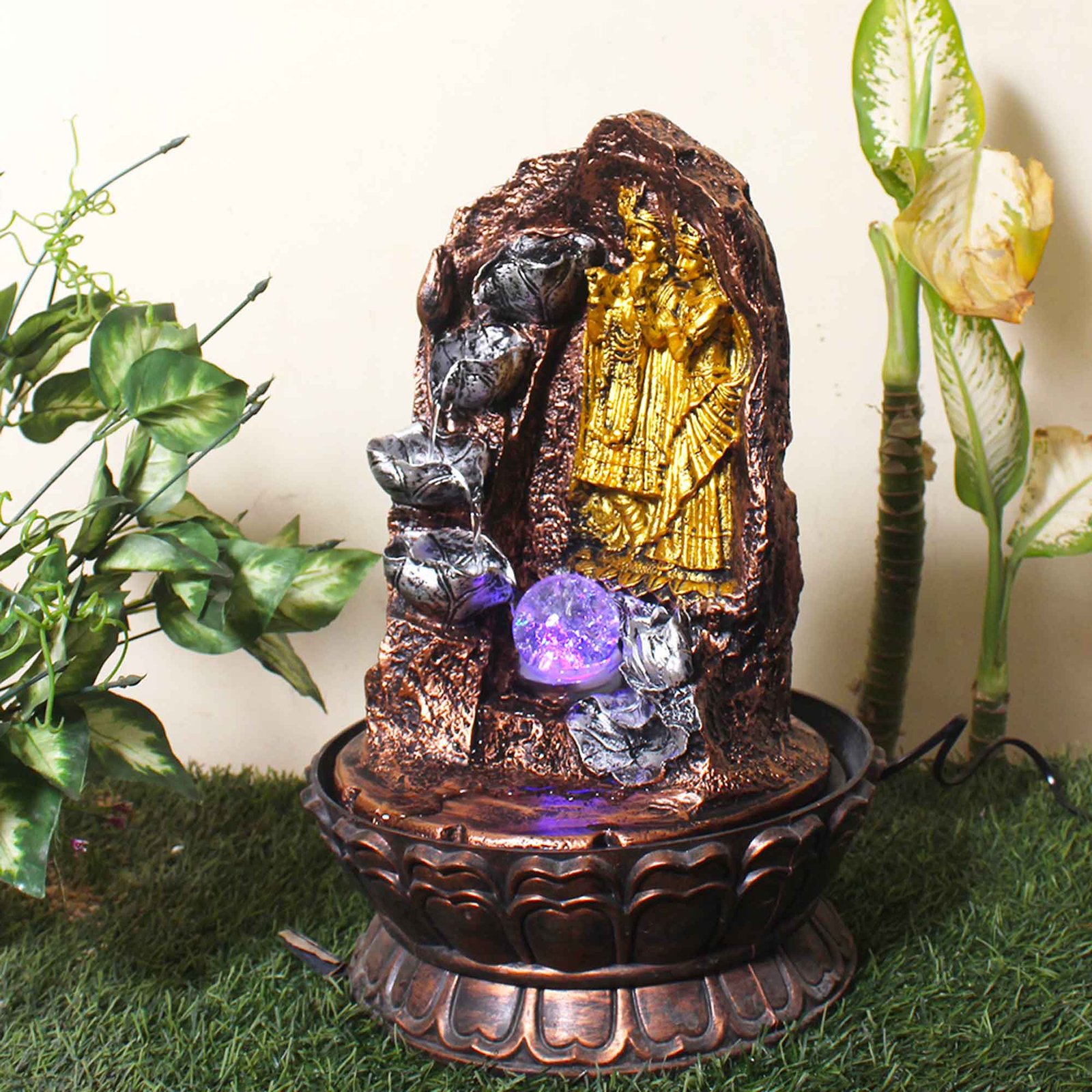 Handicraft Radha Krishna water fountain for home With Led Light & Crystal Ball - Metalic Antique Finish 42 cm G57GX0536MGAMX