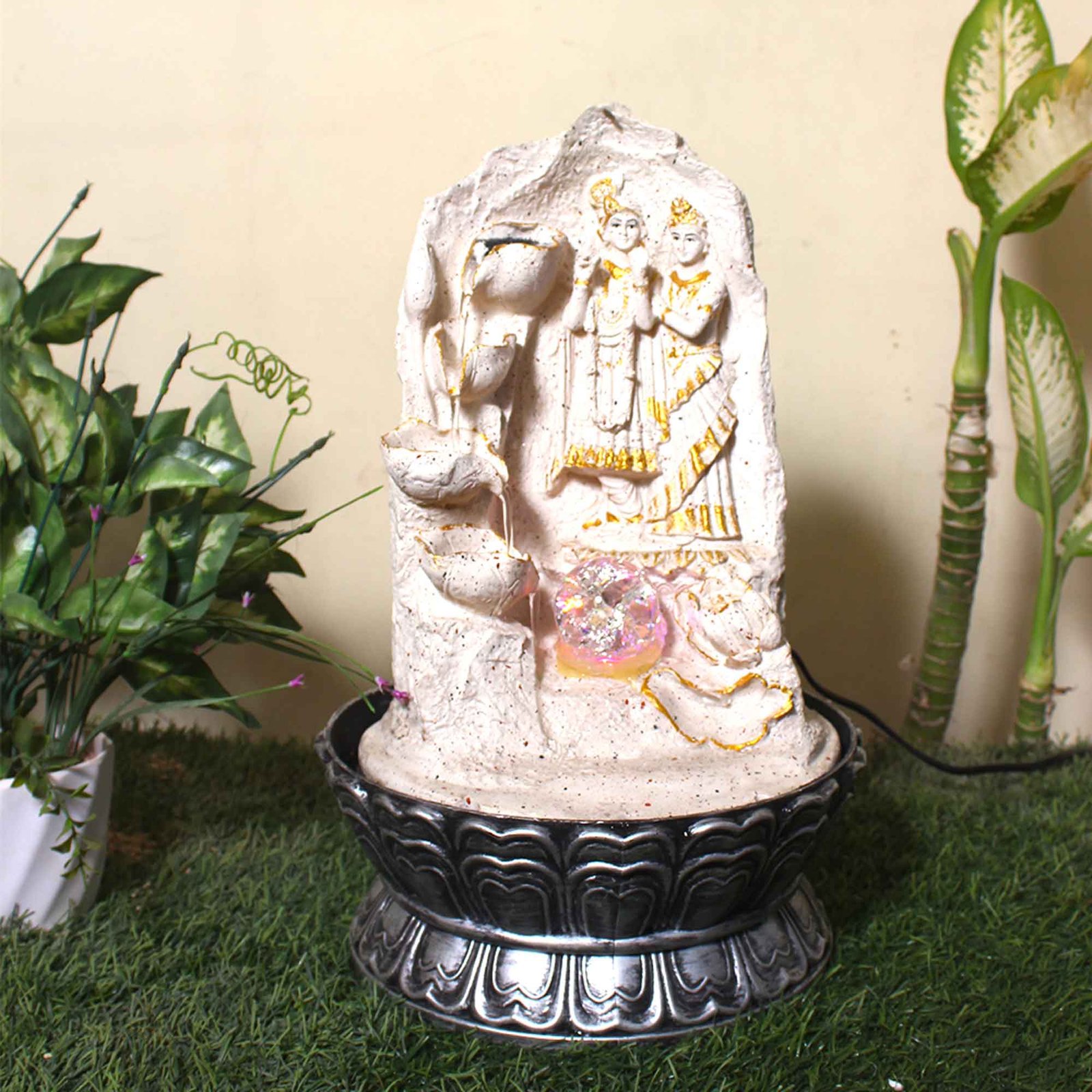 Handicraft Radha Krishna fountain for home With Led Light & Crystal Ball - sandstone Finish 42 cm G57GX0536WGDMX