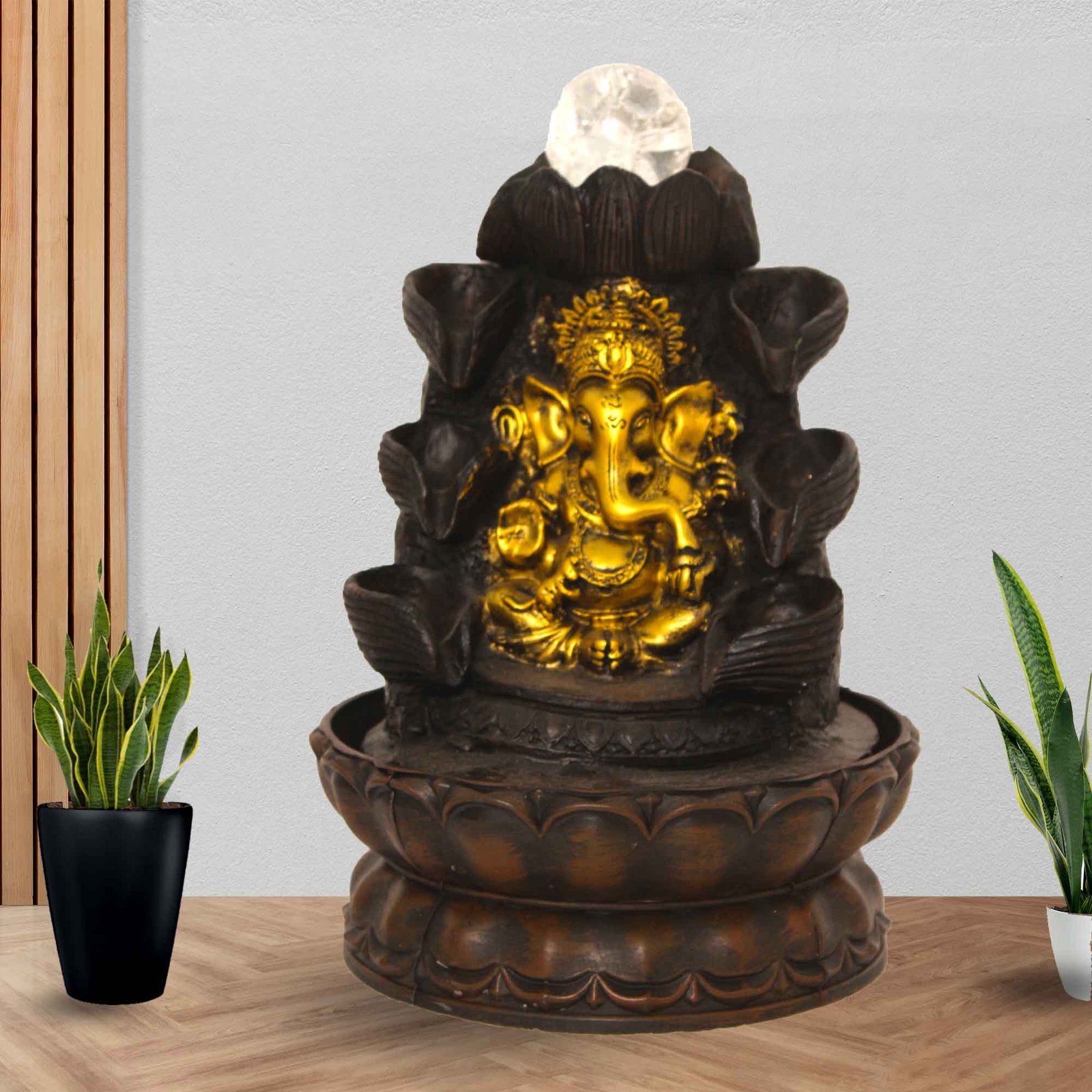 Lotus Ganesh water flow showpiece With Led Light & Crystal Ball - Metalic Antique Finish 29 cm G57GX0546AGAMX