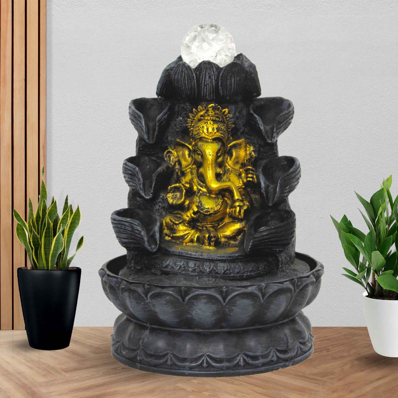 Lotus Ganesh water fountain With Led Light & Crystal Ball - Metalic Antique Finish 29 cm G57GX0546FGAMX