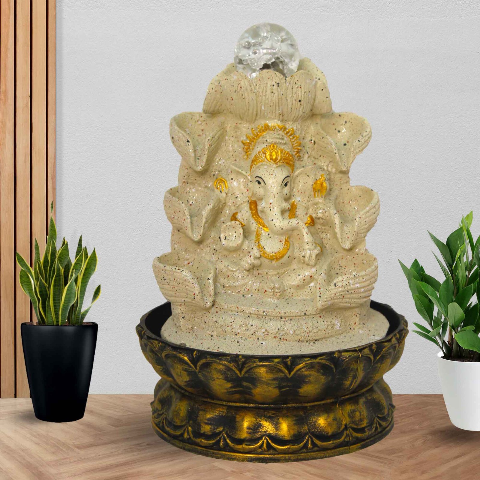 Lotus Ganesh tabletop waterfall fountain With Led Light & Crystal Ball - sandstone Finish 29 cm G57GX0546IGDMX