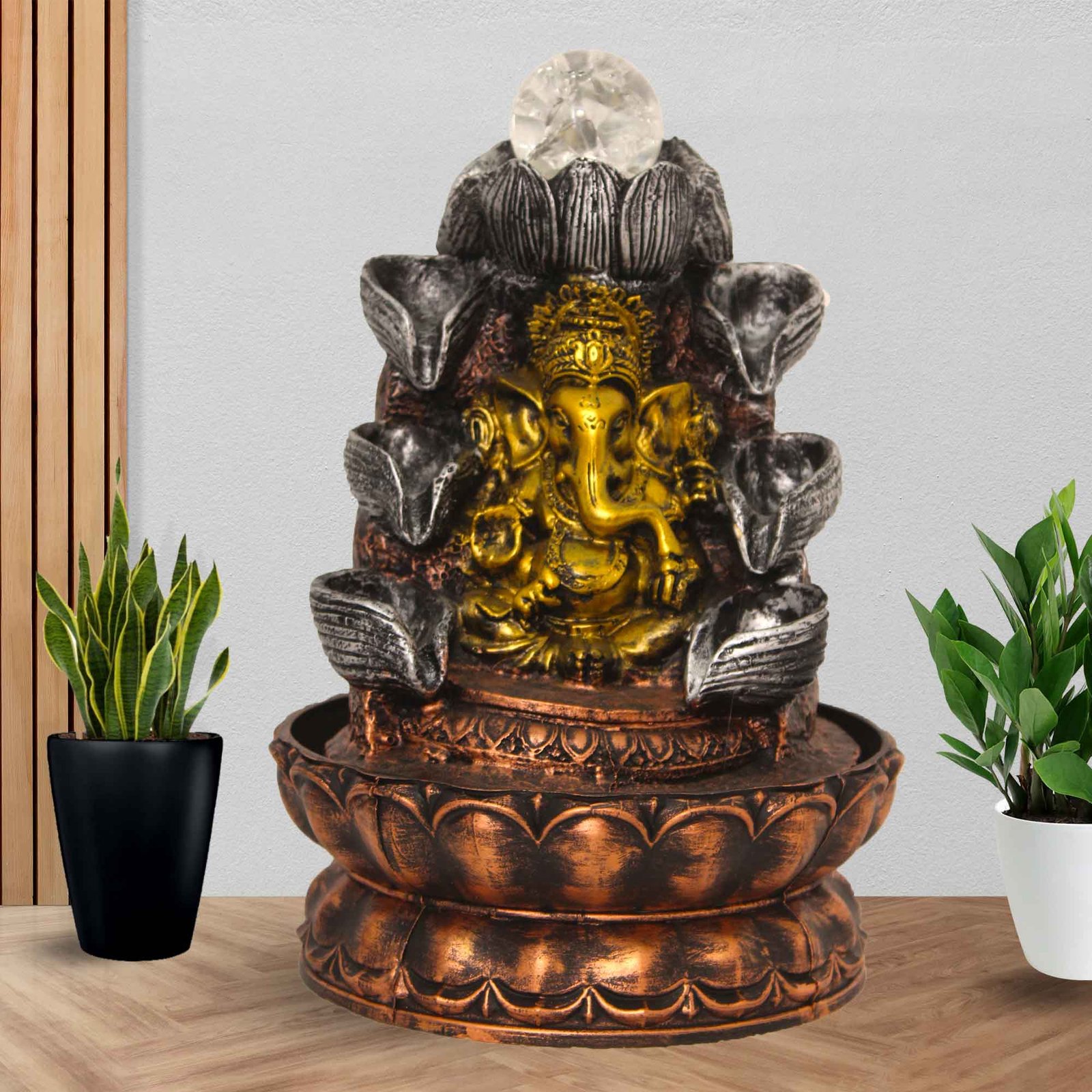 Lotus Ganesh water fountain for home With Led Light & Crystal Ball - Metalic Antique Finish 29 cm G57GX0546MGAMX