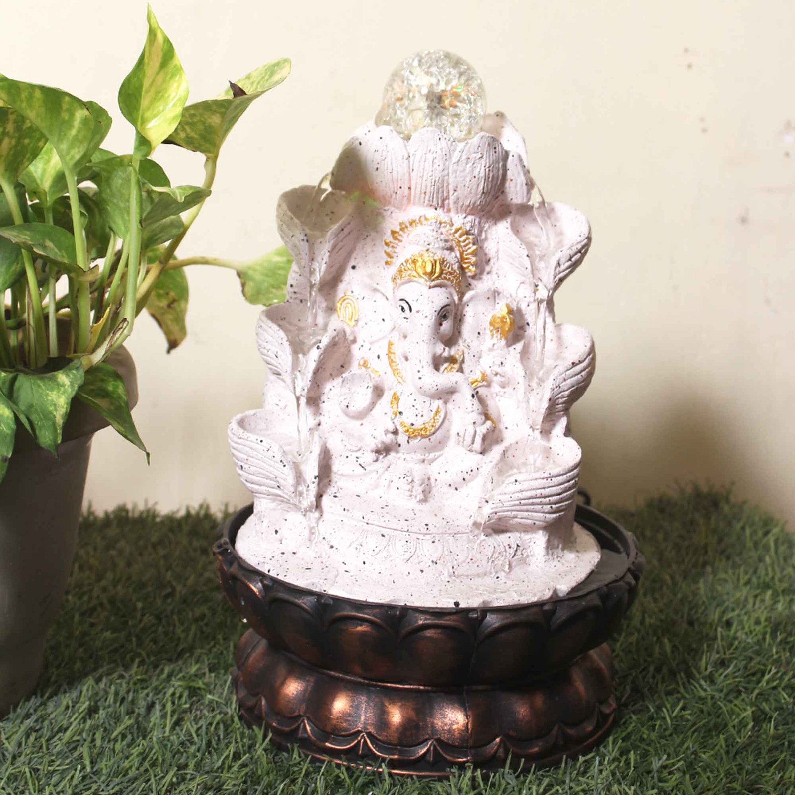 Lotus Ganesh tabletop waterfall With Led Light & Crystal Ball - sandstone Finish 29 cm G57GX0546PGDMX