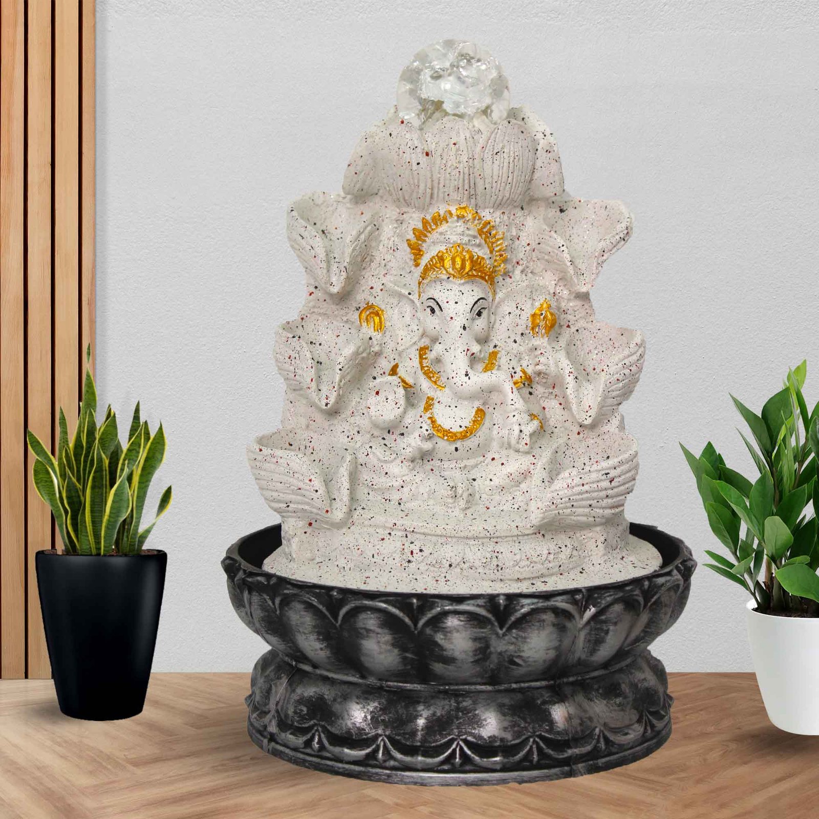 Lotus Ganesh tabletop water fountain for home With Led Light & Crystal Ball - sandstone Finish 29 cm G57GX0546WGDMX
