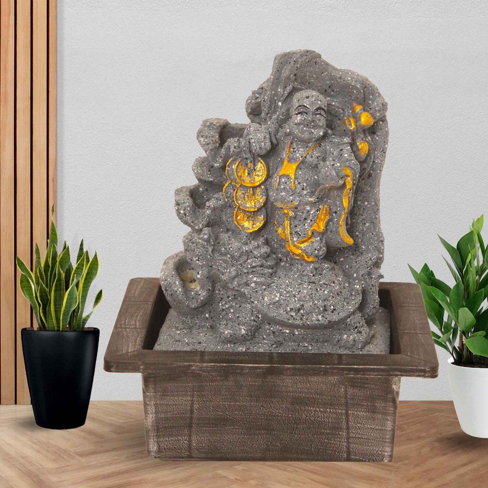 Laughing Buddha mini water fountain for desk With Led Light - sandstone Finish 25 cm G57GX0607FGDMX