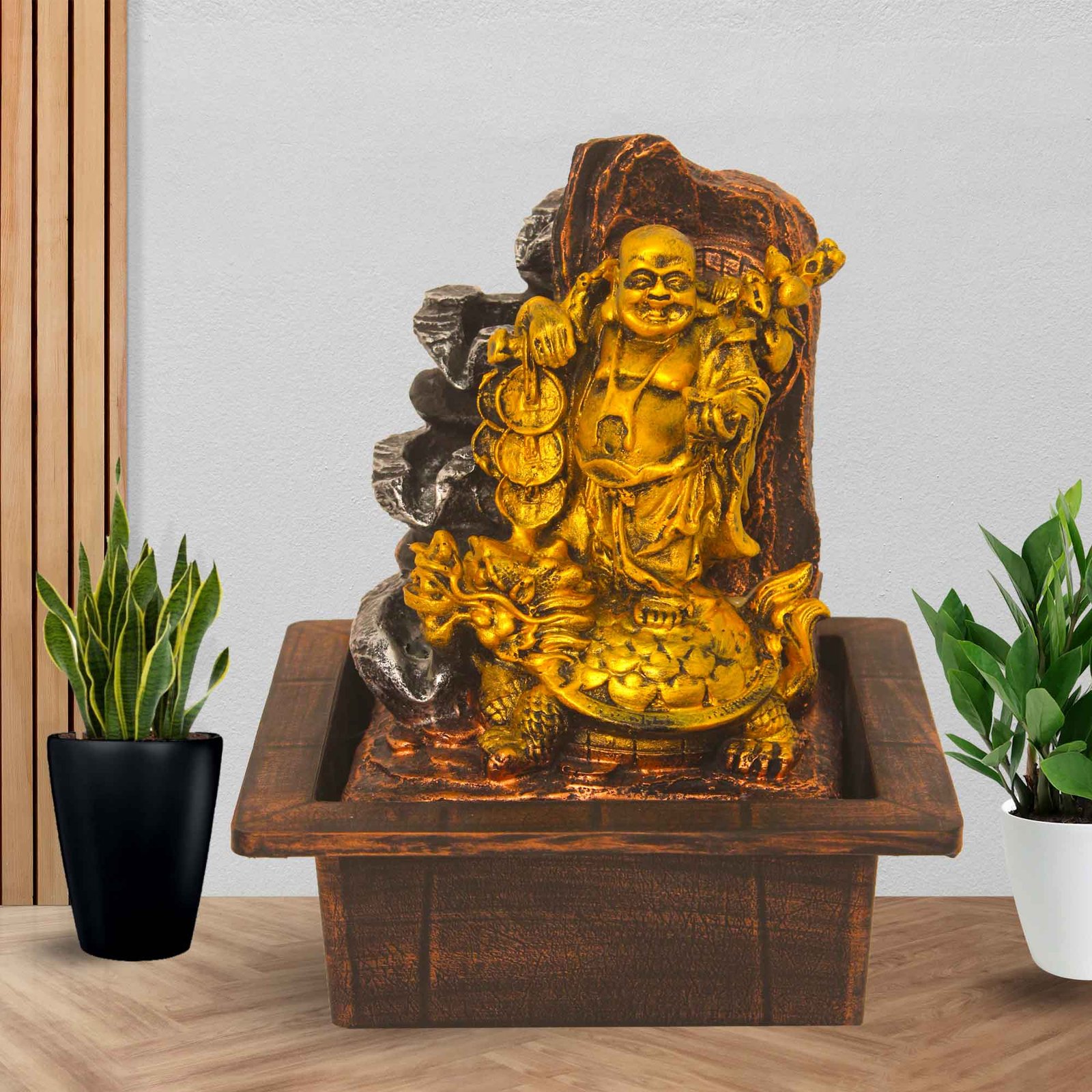 Laughing Buddha mini water fountain for garden With Led Light - Metalic Antique Finish 25 cm G57GX0607MGAMX