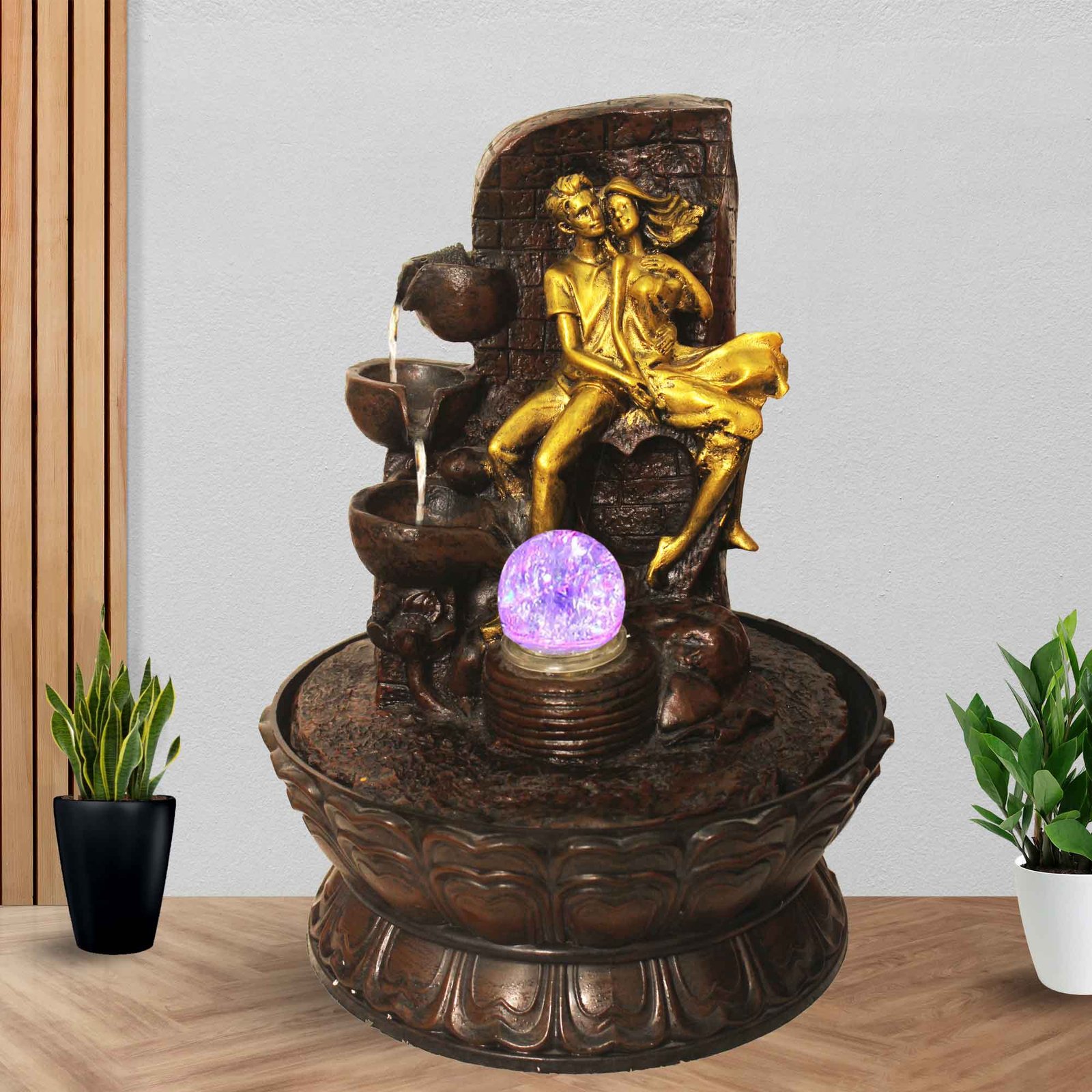 Decorative Couple water fountain for room With Led Light & Crystal Ball - Metalic Antique Finish 37 cm G57GX0609AGAMX