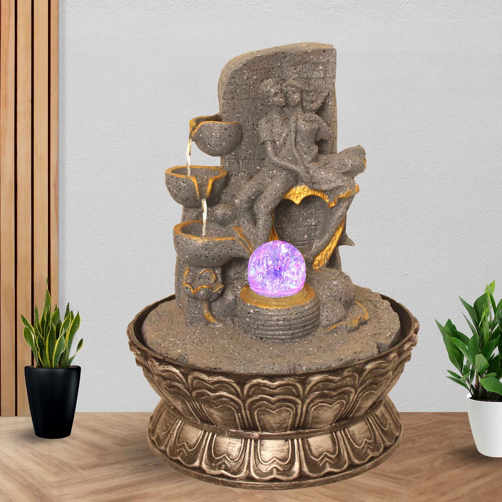 Modern Art Couple water fountain for home decor With Led Light & Crystal Ball - sandstone Finish 37 cm G57GX0609FGDMX