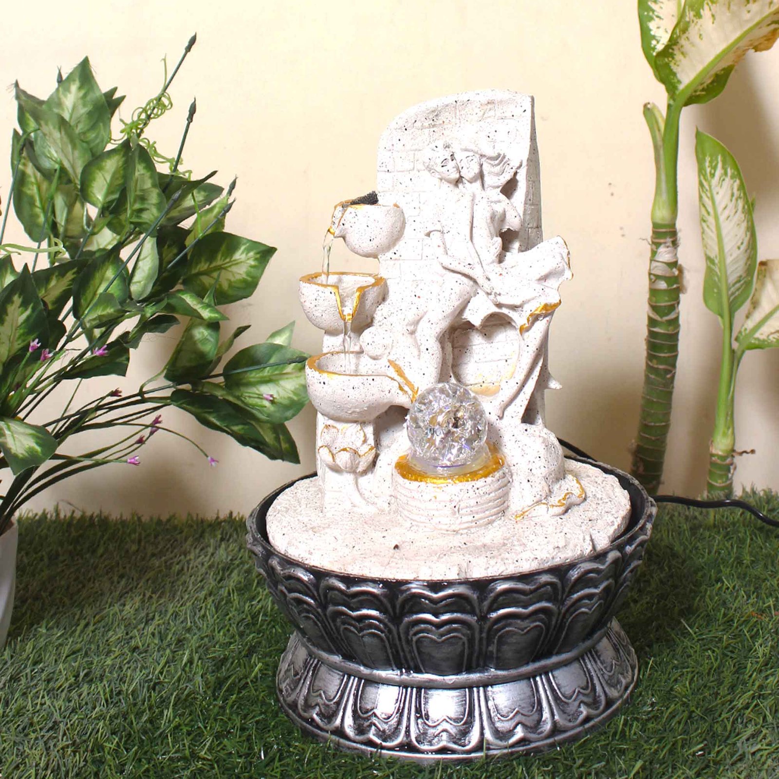 Decorative Couple water fountain for birds With Led Light & Crystal Ball - sandstone Finish 37 cm G57GX0609WGDMX