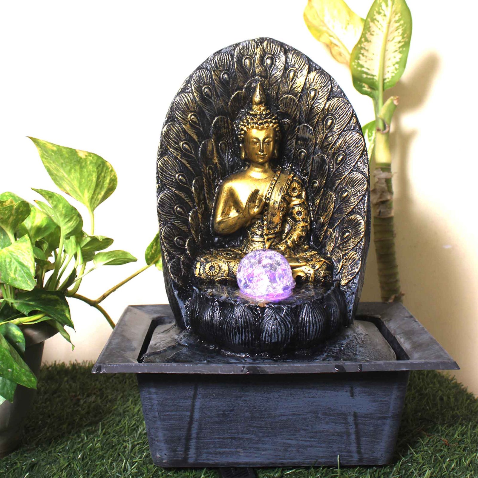 Ancient Buddha water fountain for home vastu With Led Light & Crystal Ball - Metalic Antique Finish 39 cm G57GX0622FGAMX