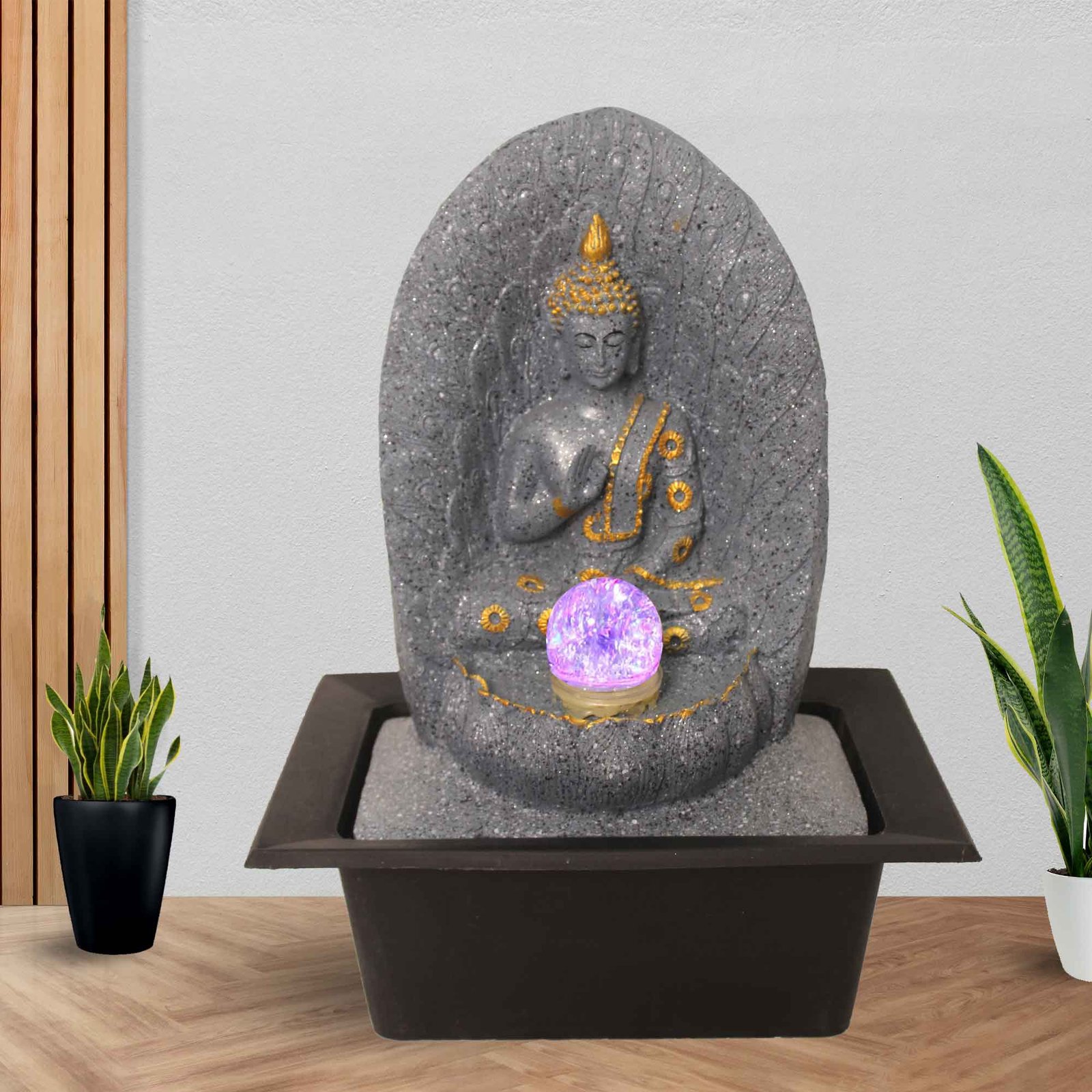Ancient Buddha water fountain for home indoor With Led Light & Crystal Ball - sandstone Finish 39 cm G57GX0622FGDMX