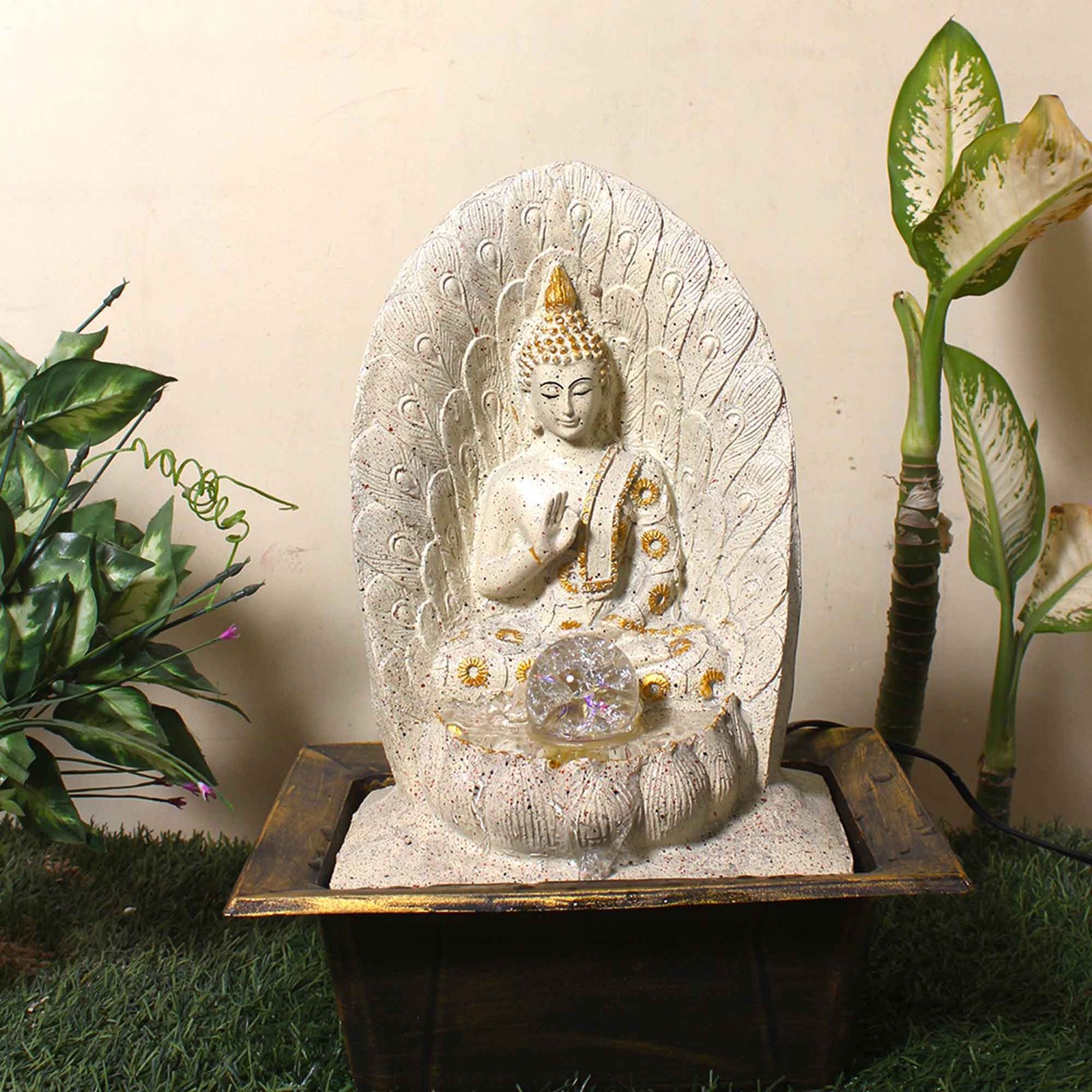 Ancient Buddha water fountain for home indoor With Led Light & Crystal Ball - sandstone Finish 39 cm G57GX0622IGDMX