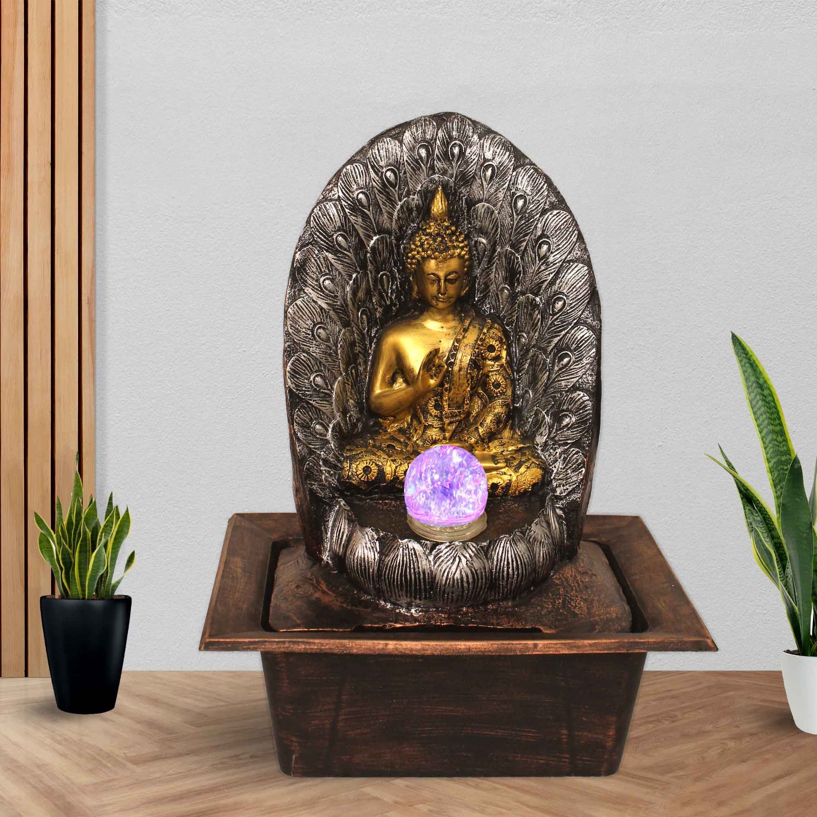 Ancient Buddha water fountain for home with light With Led Light & Crystal Ball - Metalic Antique Finish 39 cm G57GX0622MGAMX
