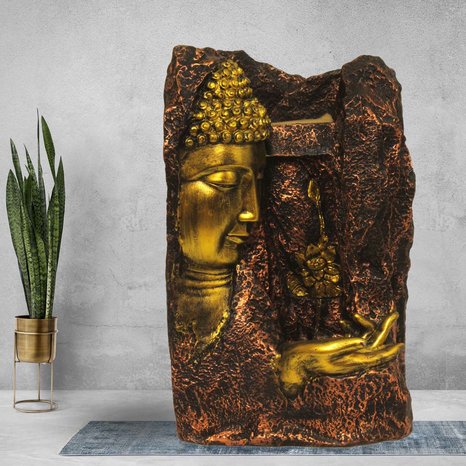 Modern Buddha Face water fountain for desk With Led Light - Metalic Antique Finish 33 cm G57GX0801G