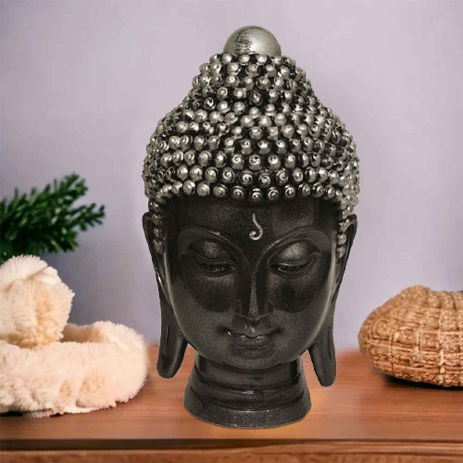 Polyresin Buddha Face artifacts for home decor Silver Antique Finish 30 cm G57GX1061SSAGX