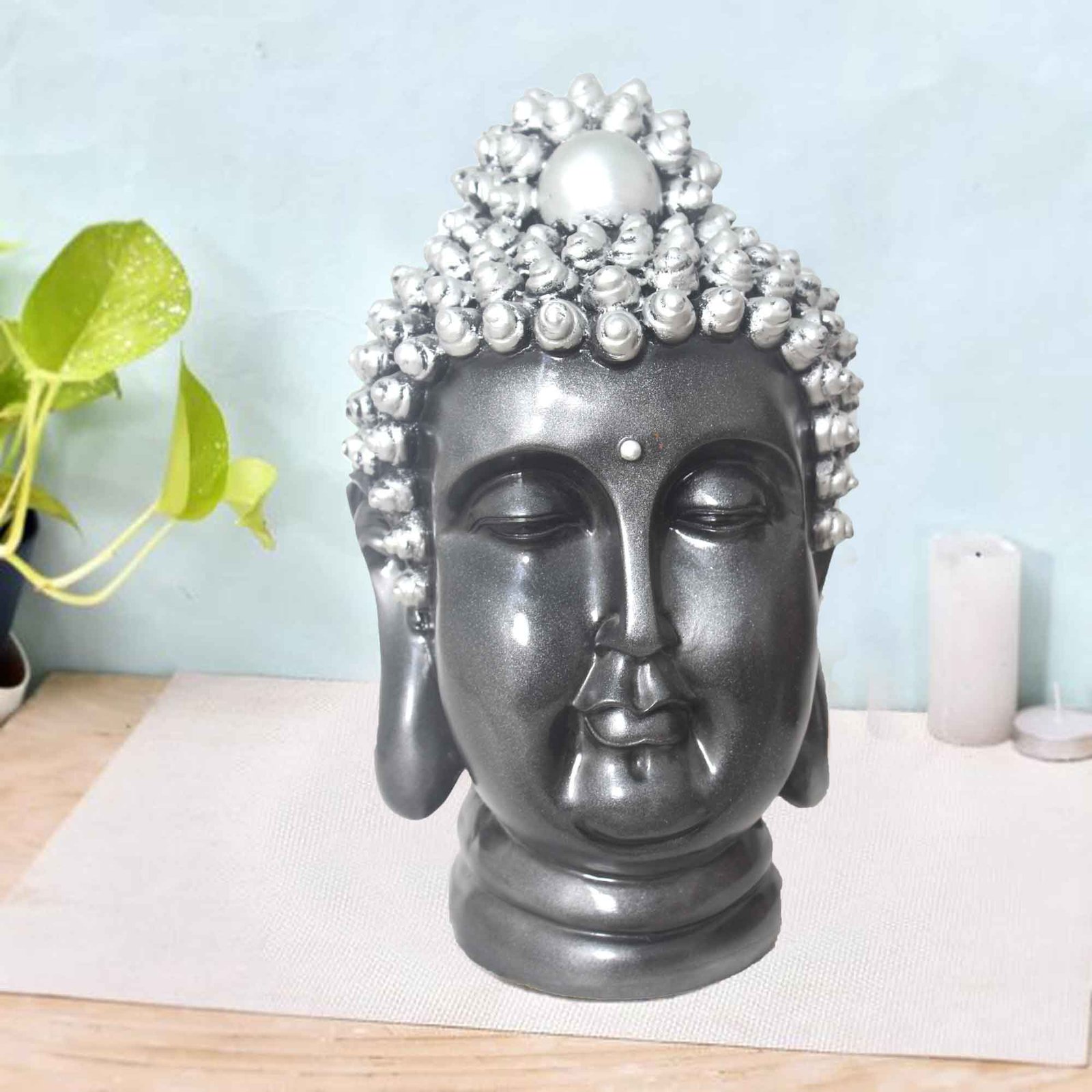 Polyresin Gautam Buddha Head figures for living room Silver Antique Finish 38 cm G57GX1064SSAGX