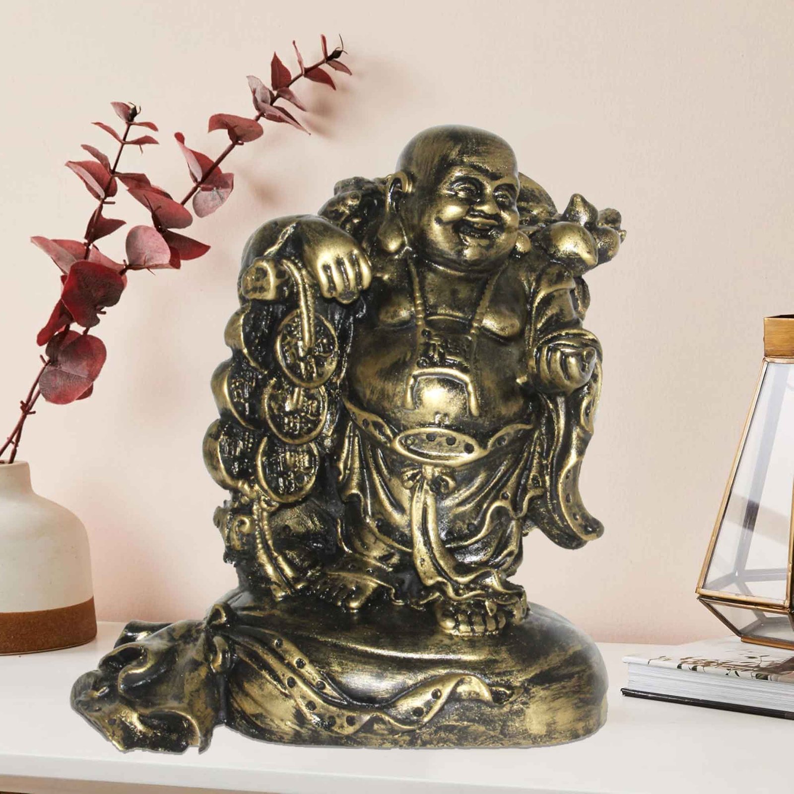Fengshui Happy Buddha showpiece for tv unit Brass Antique Finish 23 cm G57GX1073BBAGX