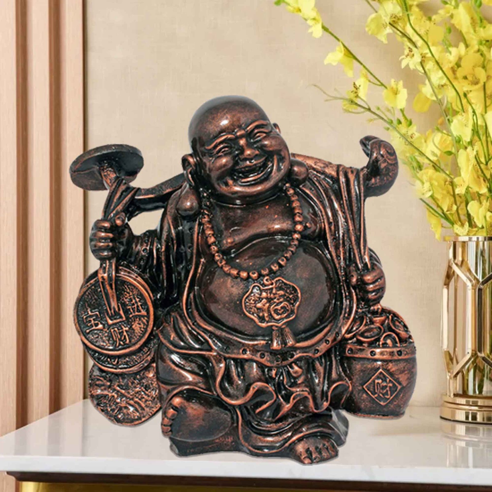 Polyresin Laughing Buddha figures for decoration Copper Antique Finish 25 cm G57GX1076CCAGX
