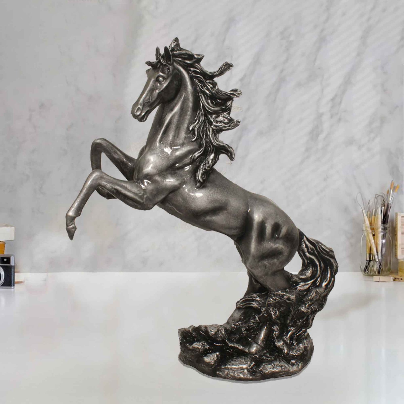 Polyresin Big Running Horse figurines for tv unit Silver Antique Finish 58 cm G57GX1086SSAGX
