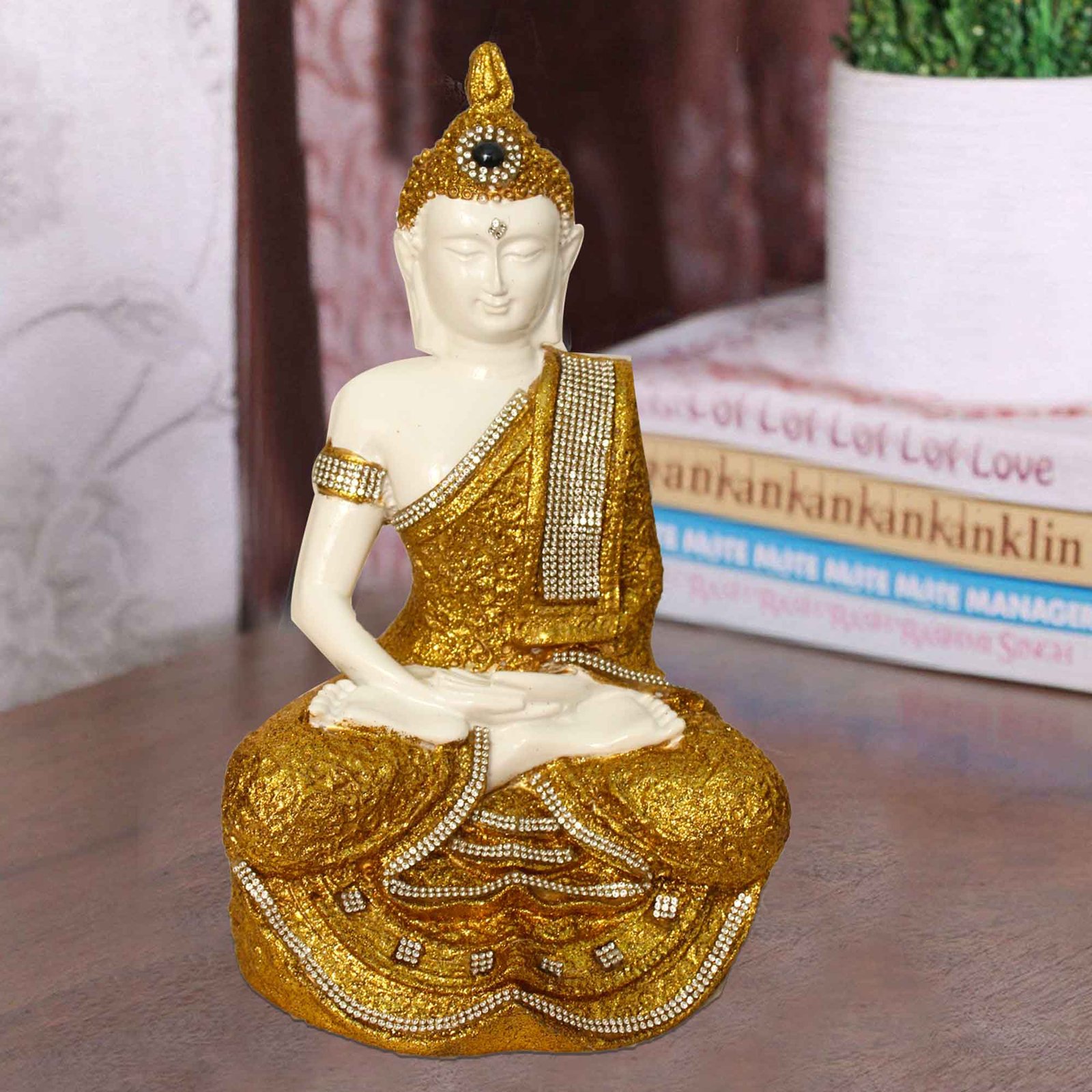 Meditating Gautam Buddha statue for tv unit Glitter Finish Jewellery Decorated 25 cm G57GX1089WGGGZ