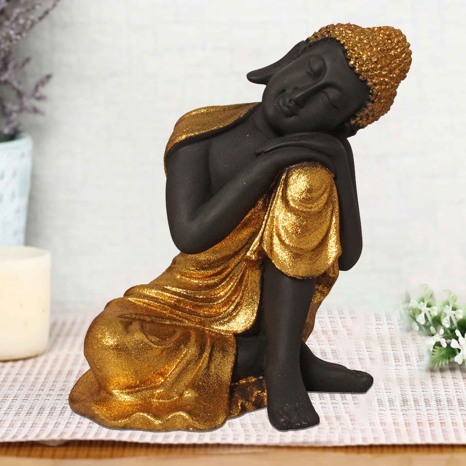 Resting Buddha on Knee sculpture for tv unit Glitter Finish 24 cm G57GX1098KGGMX