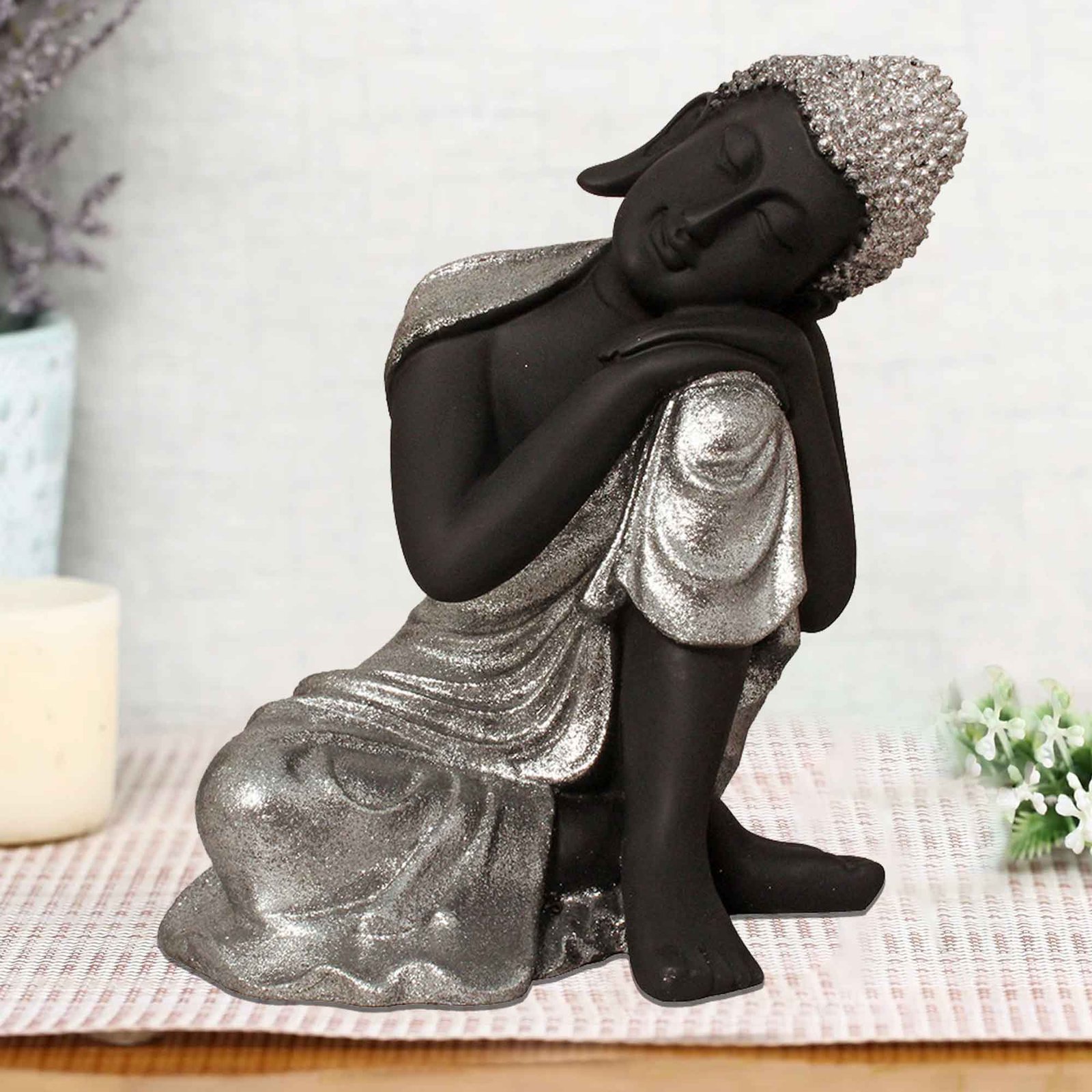 Resting Buddha on Knee artifacts for home decor Glitter Finish 24 cm G57GX1098KSGMX