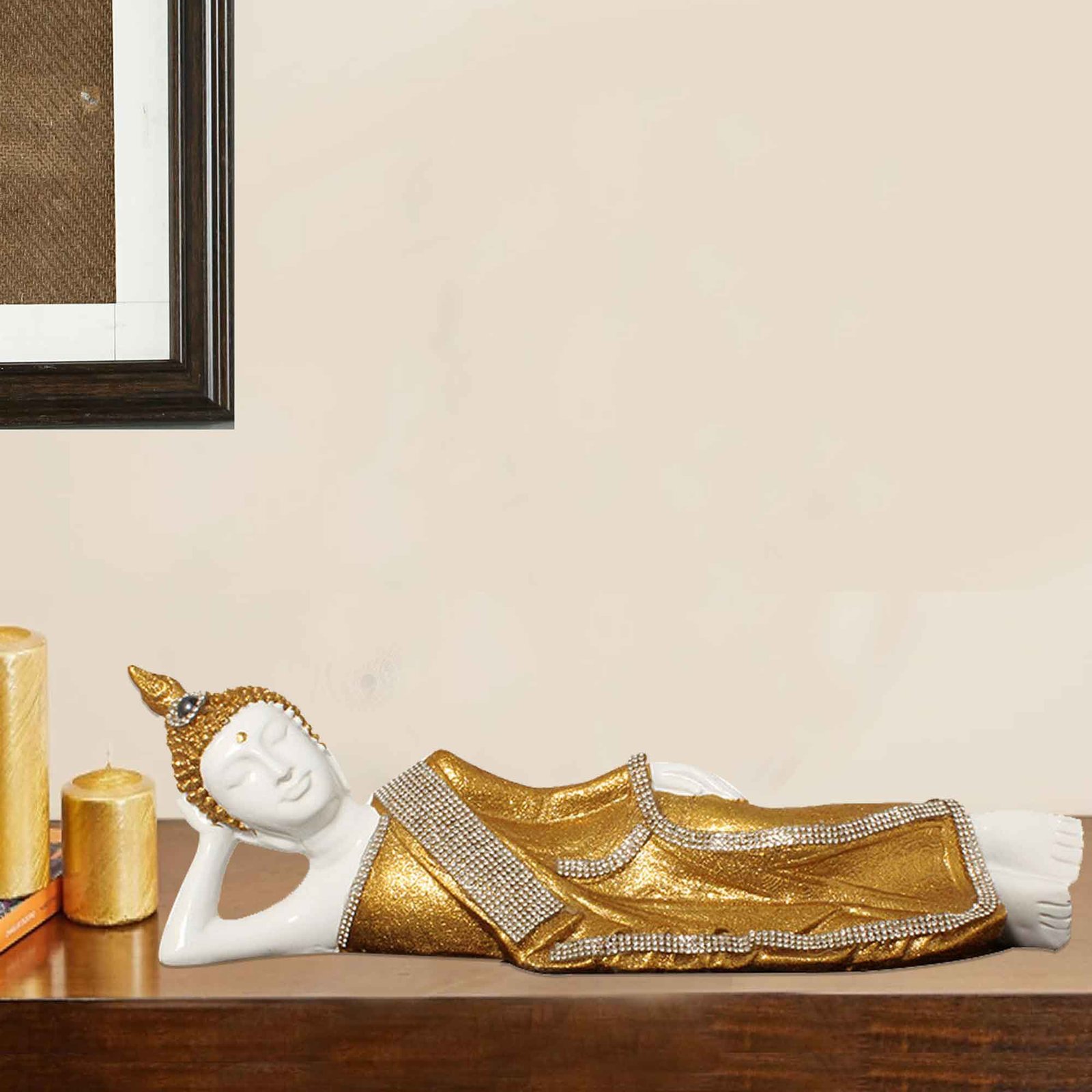 Sleeping Buddha murti for tv unit Glitter Finish Jewellery Decorated 10 cm G57GX1102WGGGZ