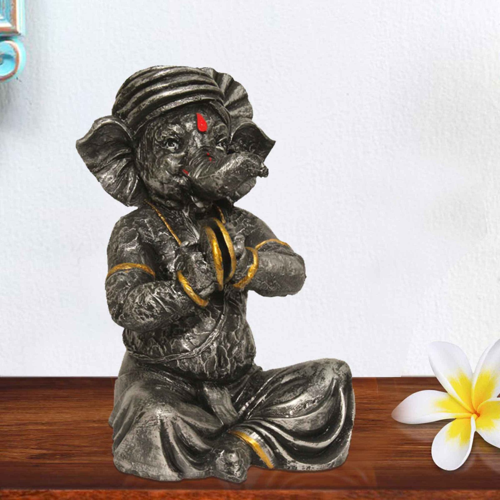 Lord Manjeera Ganesha statue for living room Silver Antique Finish 24 cm G57GX1104SSAGX