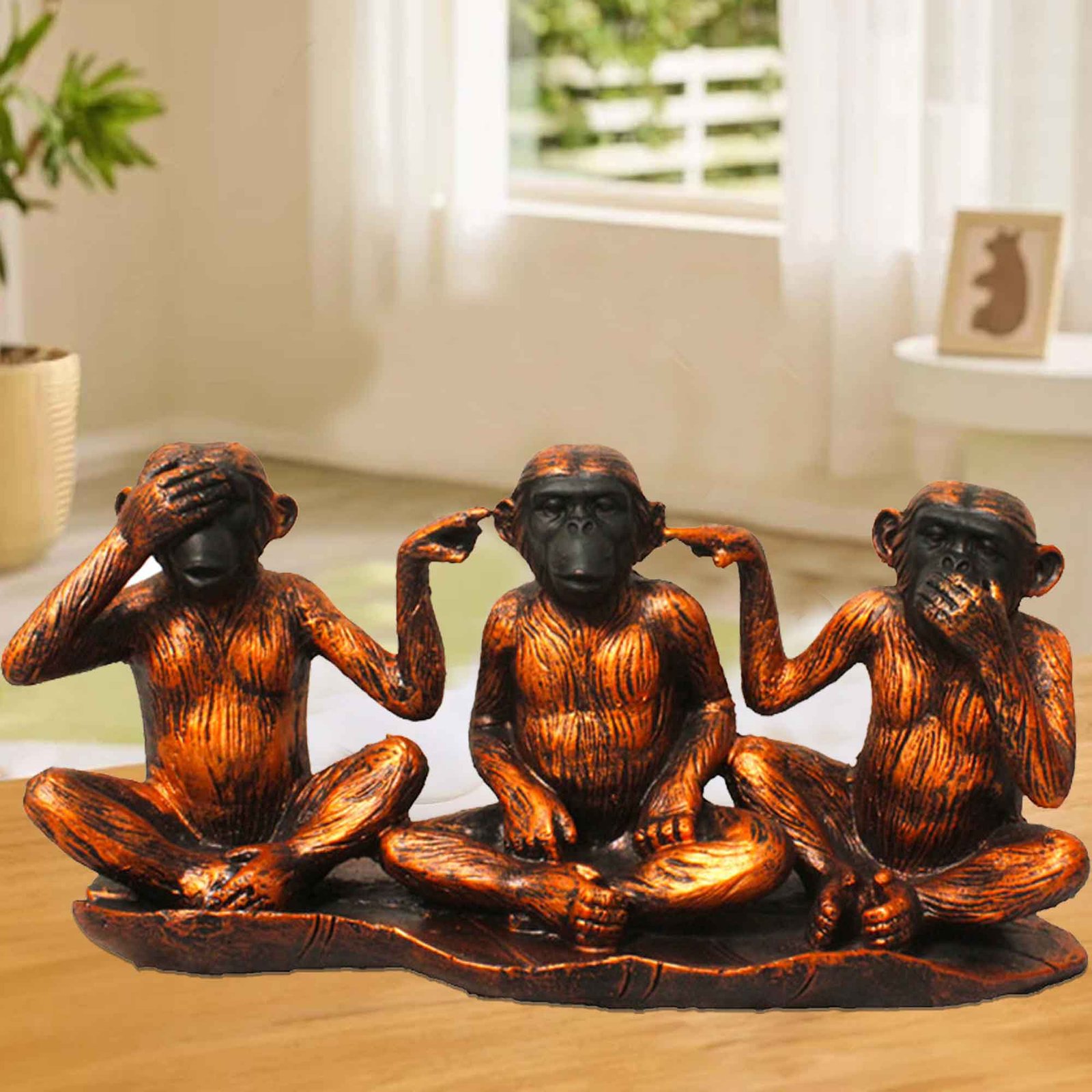 Gandhi Monkey Set sculpture for tv unit Copper Antique Finish 18 cm G57GX1282CCAGX